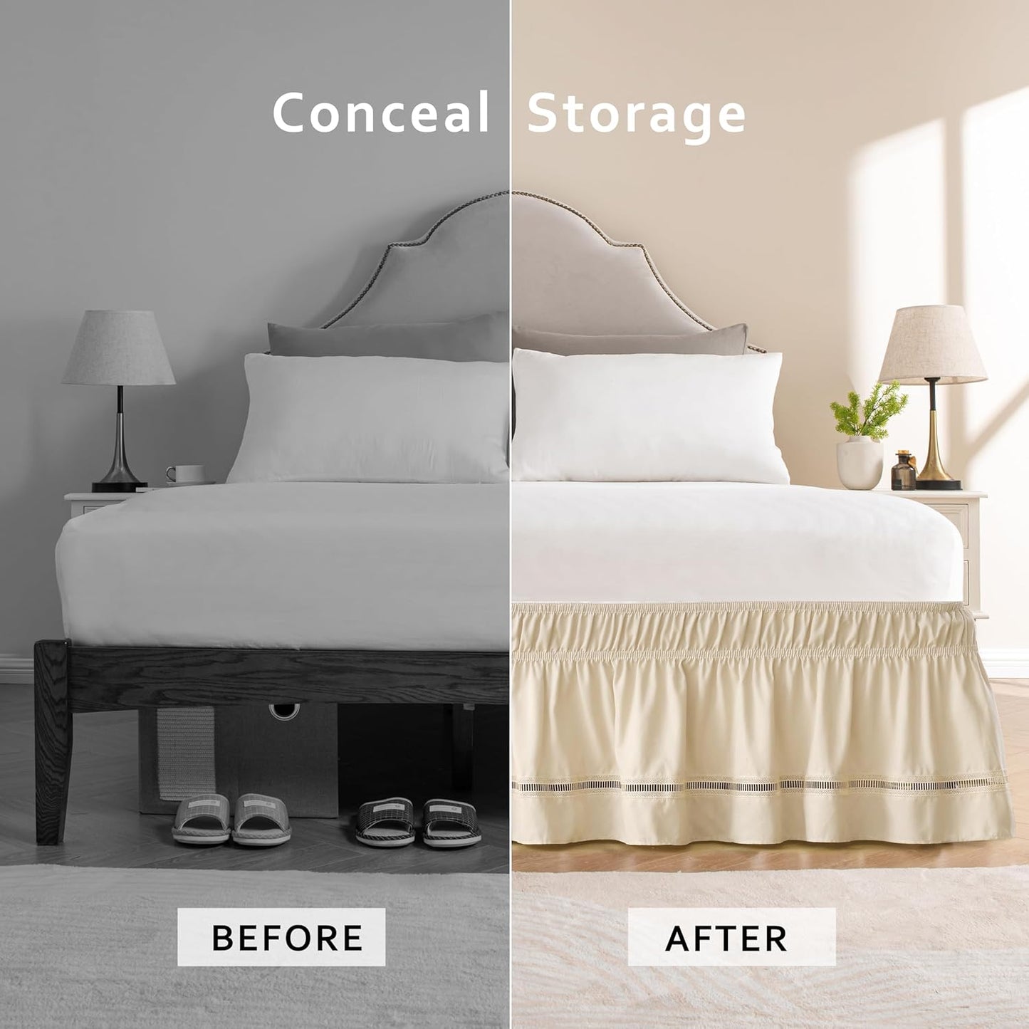 MIYE Wrap Around Ruffled Lace Bed Skirt, Elastic Dust Ruffle with Adjustable Belts, Easy to Put On, Bed Frame Cover, Machine Washable (Ruffled Lace/Light Beige, King/Queen-18 Drop)