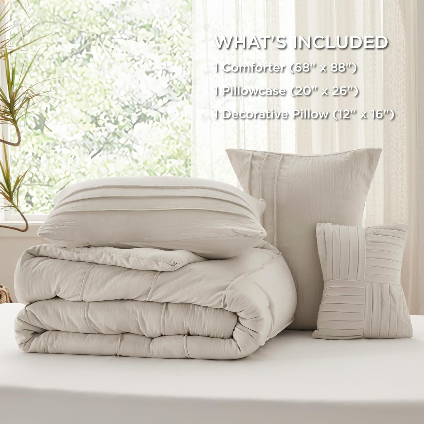 Bedsure Twin Comforter Set - 3 Pieces Pinch Pleat Bed Set, Linen Boho Bedding for All Season, 1 Soft Comforter, 1 Pillowcase, 1 Decorative Pillow