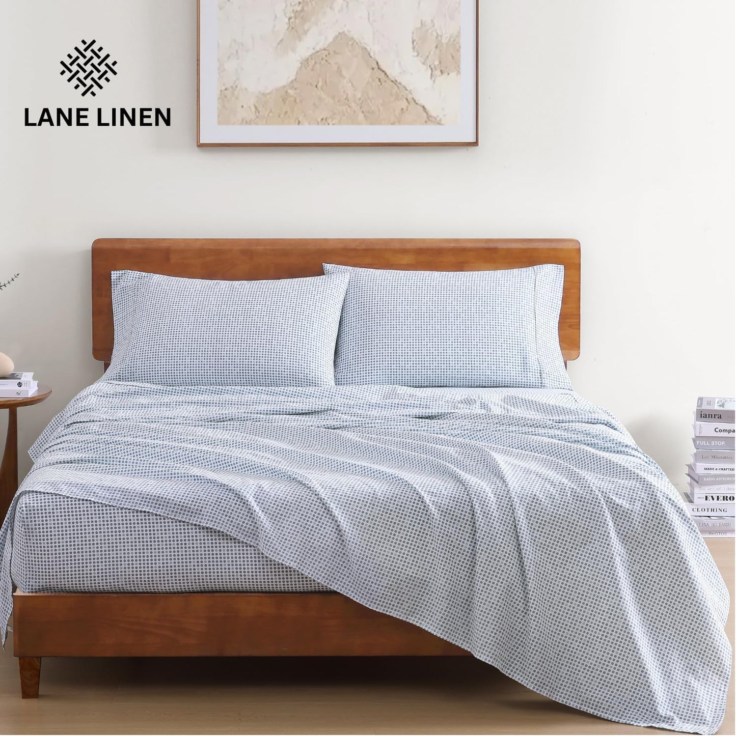 LANE LINEN Eco Friendly 100% Organic Cotton Queen Bed Sheets Set, Printed Modern Polka Dot Cotton Sheets, Soft & Comfy Low Pill Fade Resistance Fully Elasticized Queen Size Bed Set 15" deep Pockets