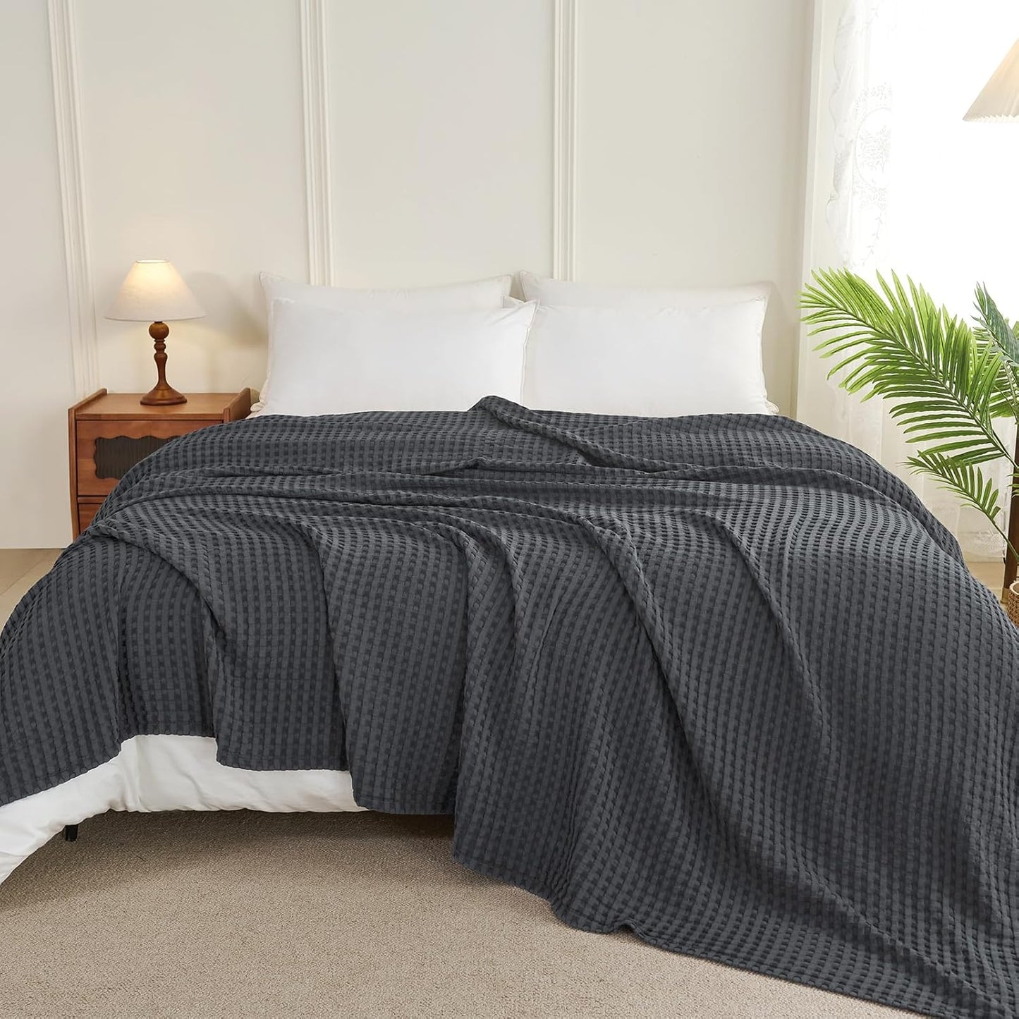Aganear Waffle Blanket - Lightweight Breathable Summer Blanket of 50% Cotton and 50% Rayon Derived from Bamboo for Hot Sleepers Luxury Throws for Bed, Couch and Sofa,Dark Grey,104x90 Inches