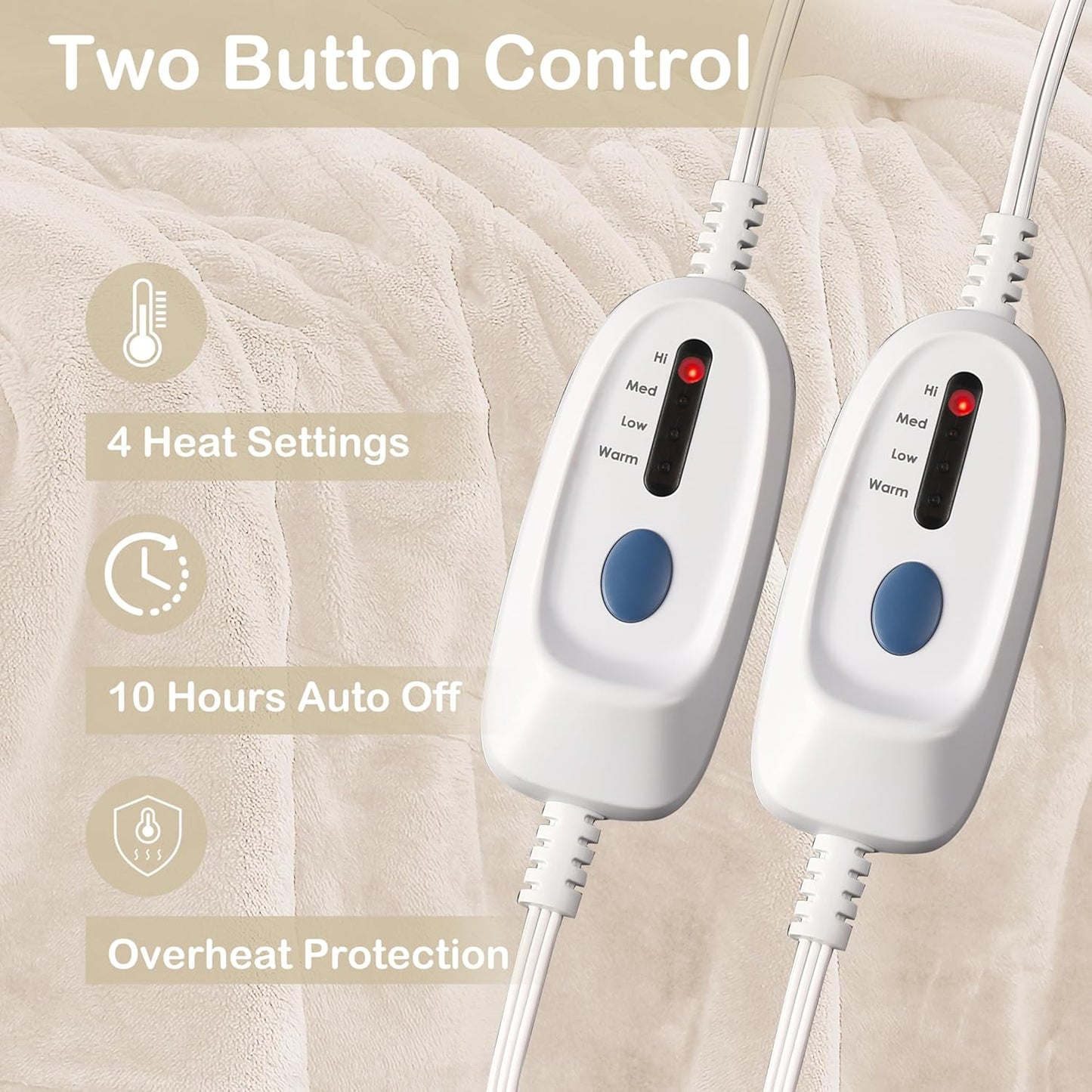 Electric Heated Blanket Queen Size 84"x90", Dual Controllers, Cozy Large Oversized, 4 Heating Levels & 10 Hours Auto Off, Cozy for Bed, Sofa, & Office, Machine Washable, White
