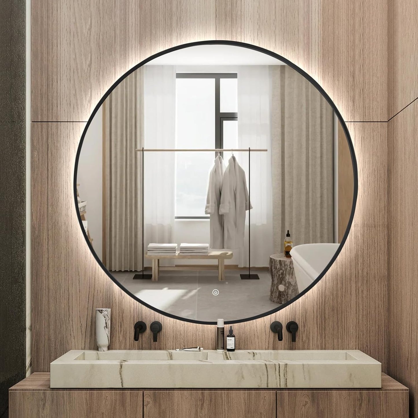 Niccy 48" LED Backlit Round Mirror for Bathroom, Black Framed Vanity Light Wall Mirror LED Smart Circle Mirrors with 3 Lighting Colors, Dimmable Lighted Mirror with Anti-Fog, IP65 Waterproof