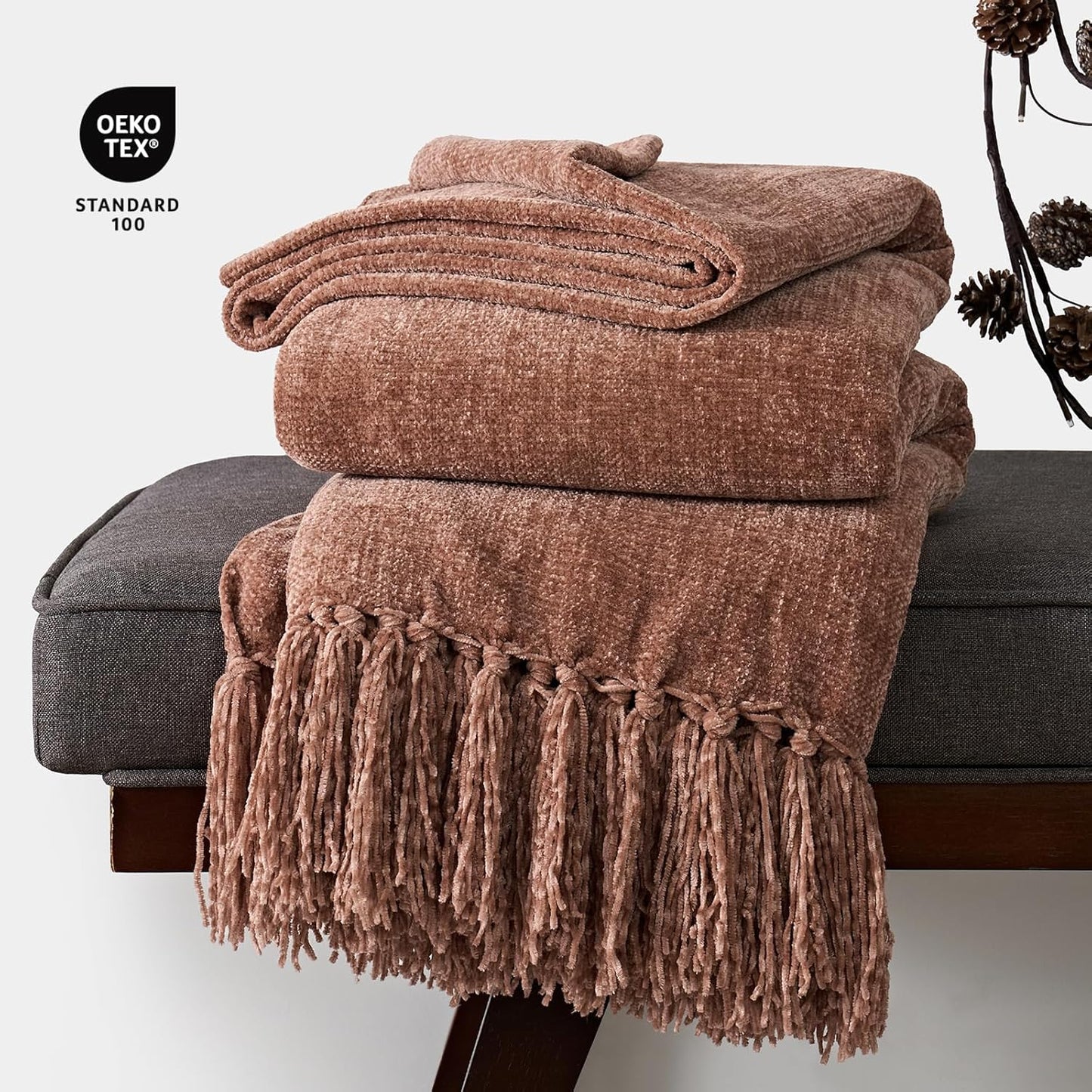 EVERGRACE Soft Chenille Throw Blanket for Couch, Cozy Plush Fuzzy Decorative Chenille Knit Throw Blanket with Tassels, Lightweight Blanket and Throws for Bed Sofa Gift Home Decor, Clay 60"x80"