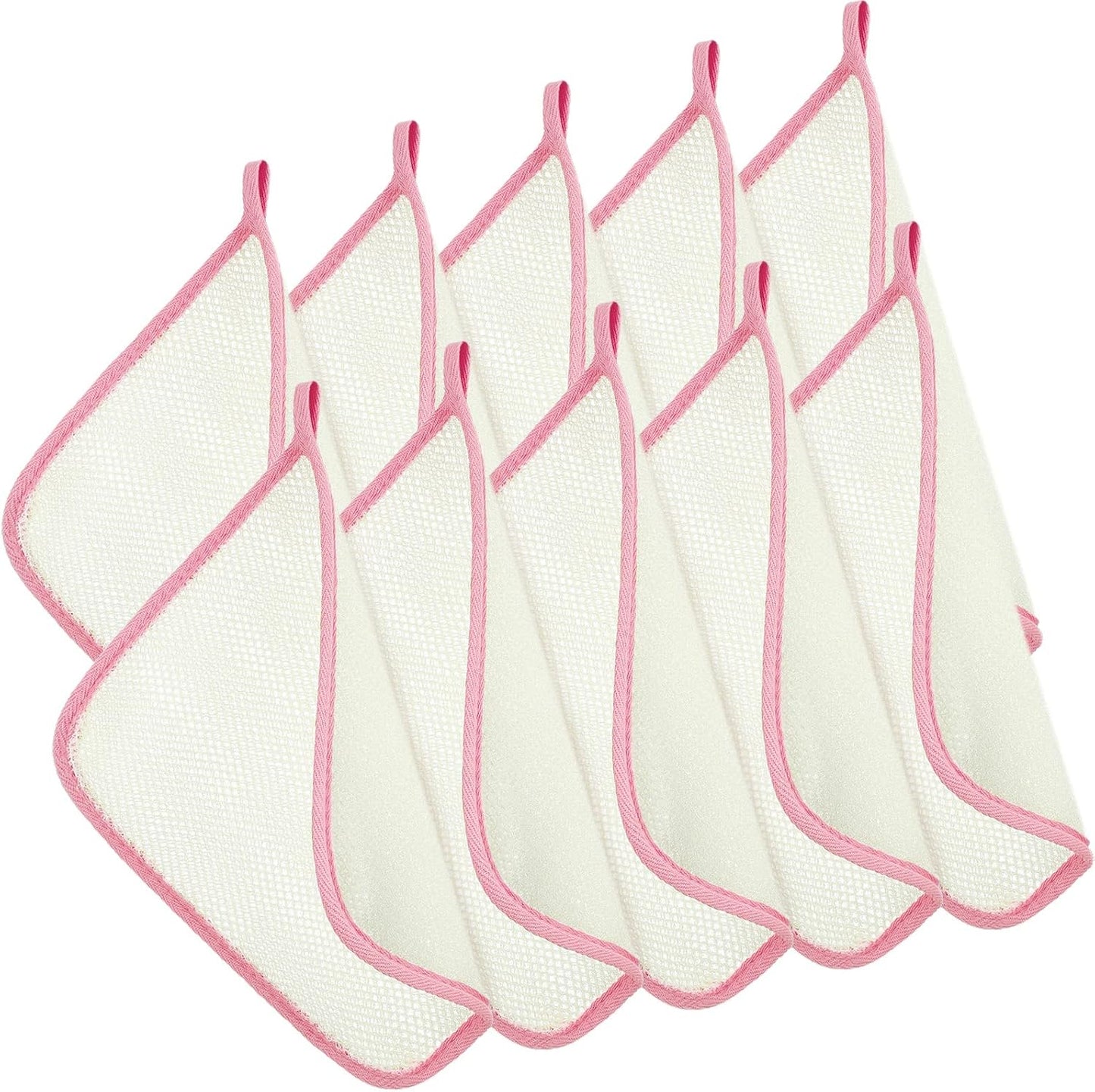 Tatuo 10 Count Popup Closed Exfoliating Wash Cloths for Body and Face Facial Bath Scrub Soft Weave Loofah Towel Exfoliate Bath Towel Remove Dead Skin Wash Cloth for Women Man (Pink Edge)