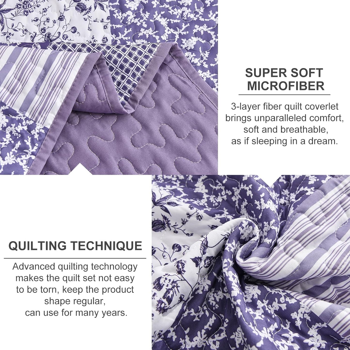 Mybedsoul Purple Quilt Set King Size Quilt Bedding Set Brown Plaid,3 Pieces Floral Patchwork Reversible Bedspread Coverlet Set for All Season,Soft Microfiber Bedding Set King 90"x104"