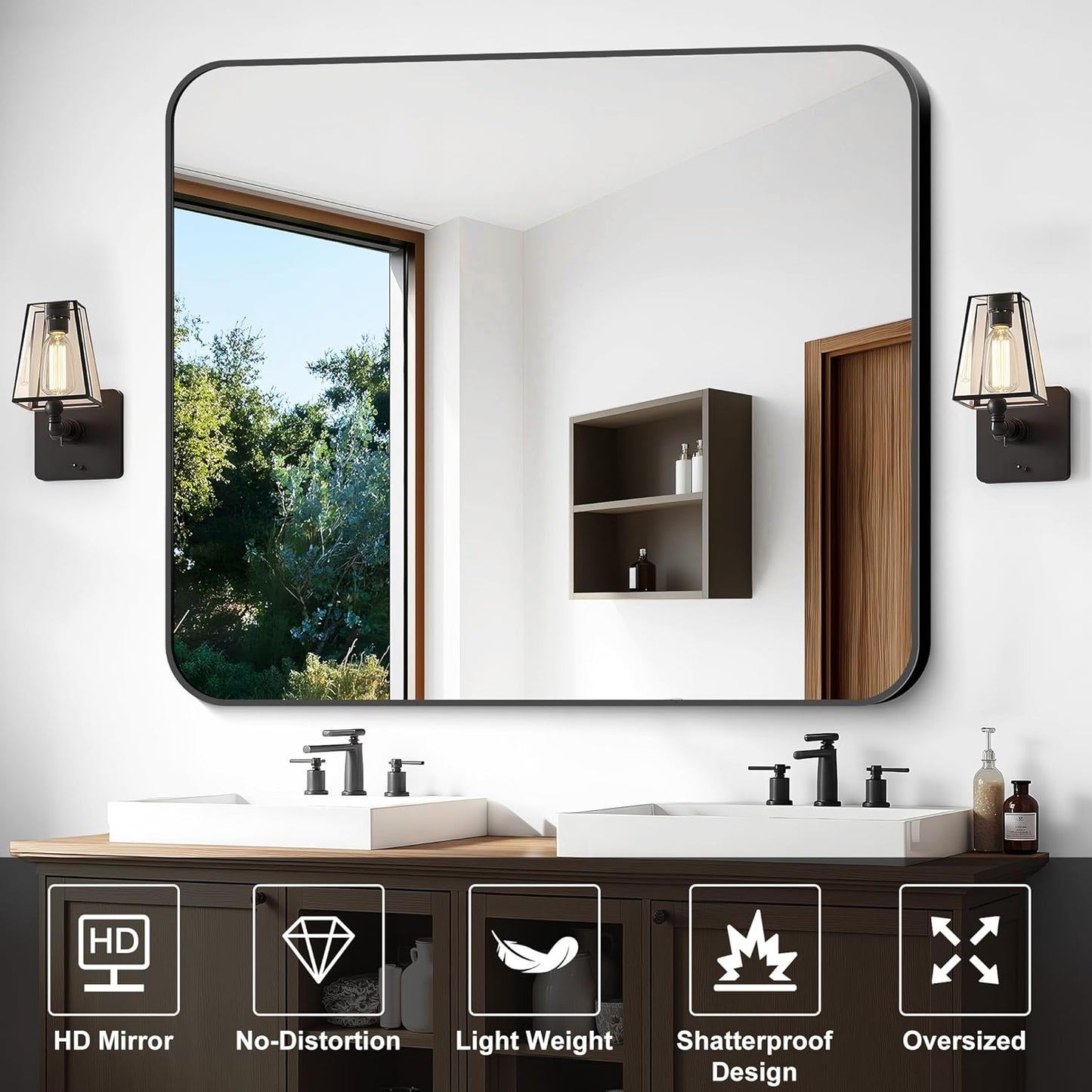 Bathroom Mirror, 48 x 40 inch Black Rectangle Wall Mirror, Metal Frame Rectangular Vanity Mirror, Rounded Corner Wall Mounted Mirror for Modern Bedroom Living Room Hangs Horizontal/Vertical