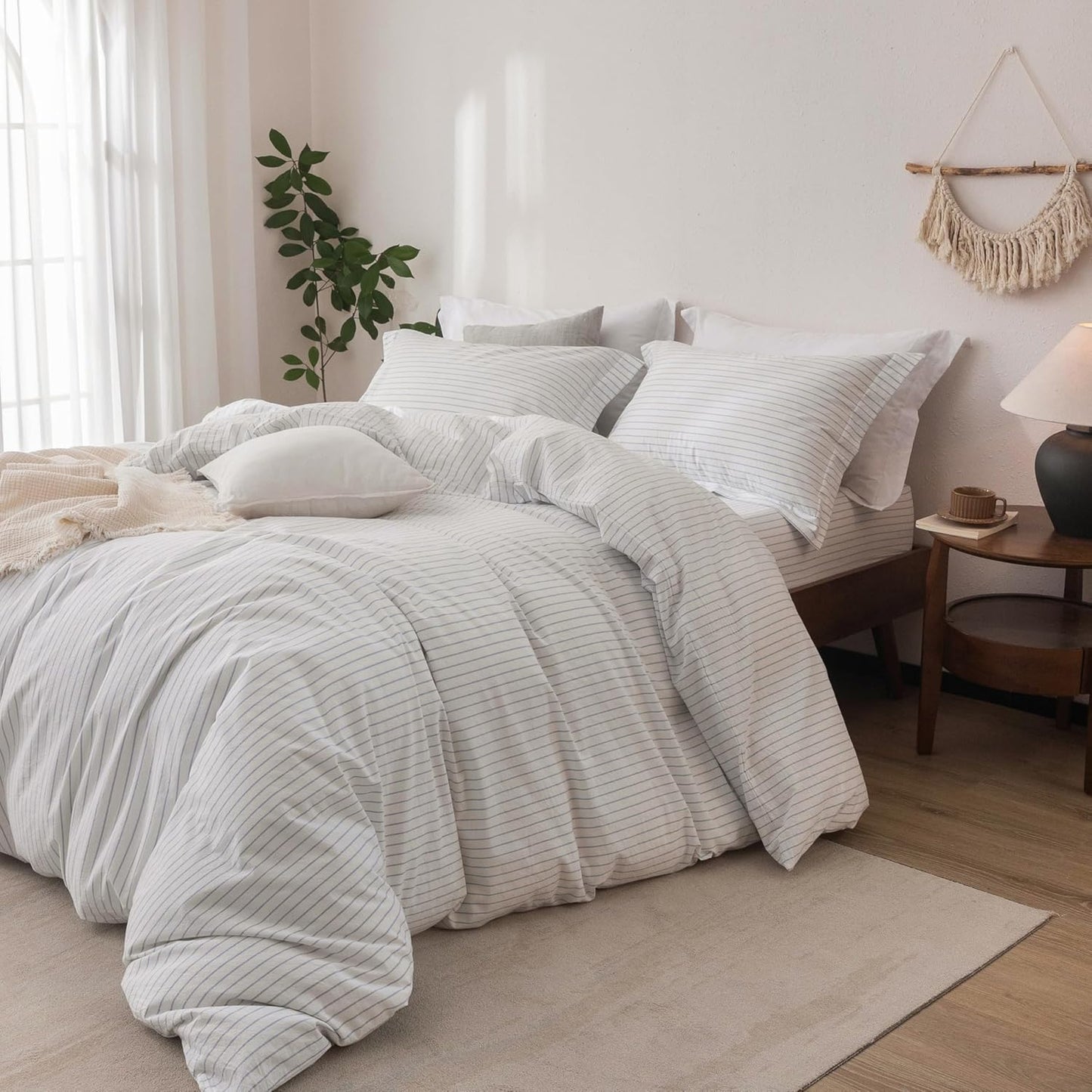 Stripe Linen Feel Duvet Cover Queen Size 90inch x 90inch,100% Washed Cotton Duvet Cover with Zipper Closure and 2 Pillowcases, Stripe of White-Cornflower Blue