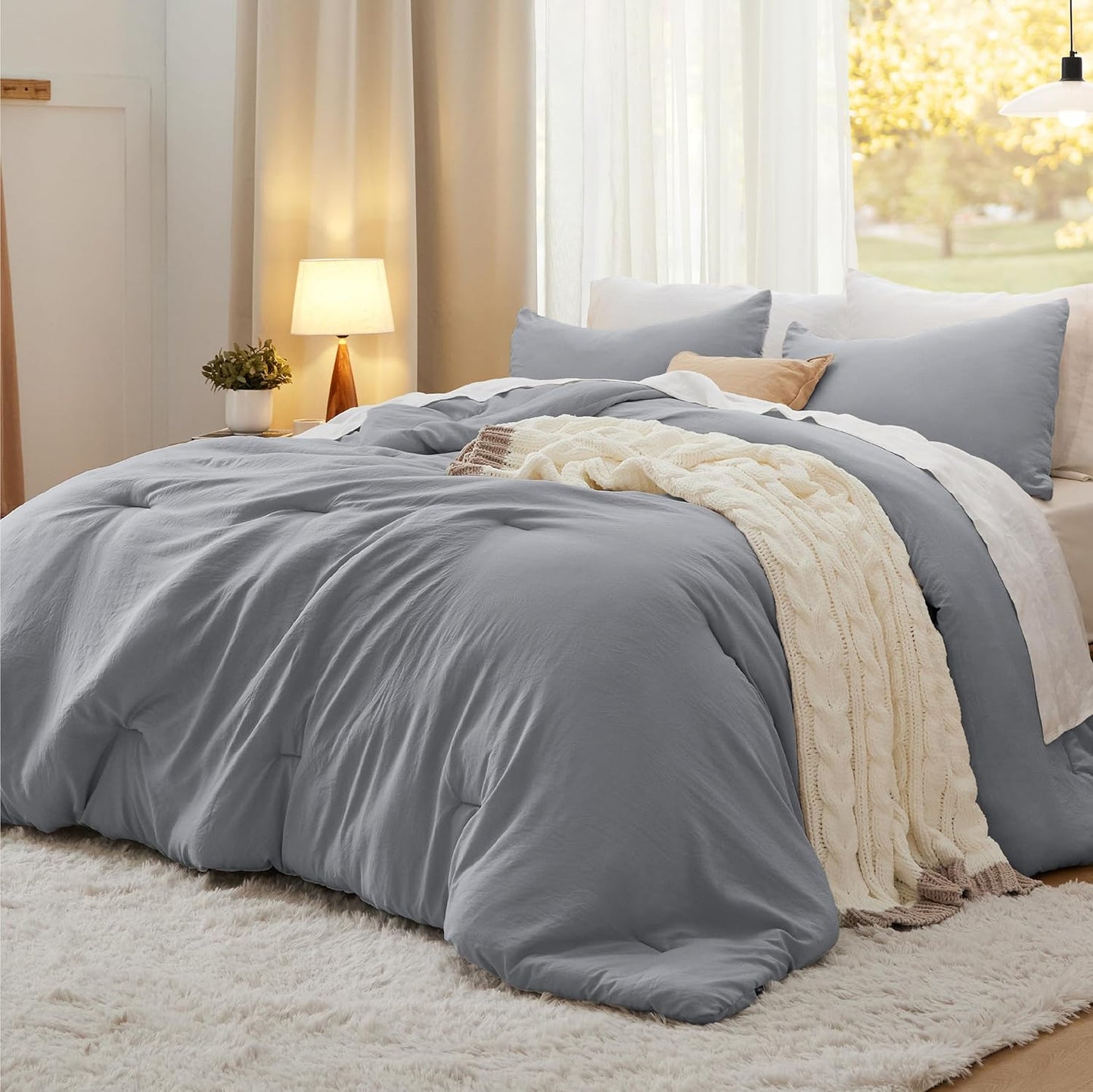 Bedsure Full Size Comforter Set, Grey Soft Prewashed Bedding for All Seasons, 3 Pieces GentleSoft™ Warm Down Alternative Bed Set, 1 Lightweight Comforter (82"x86") and 2 Pillowcases (20"x26")