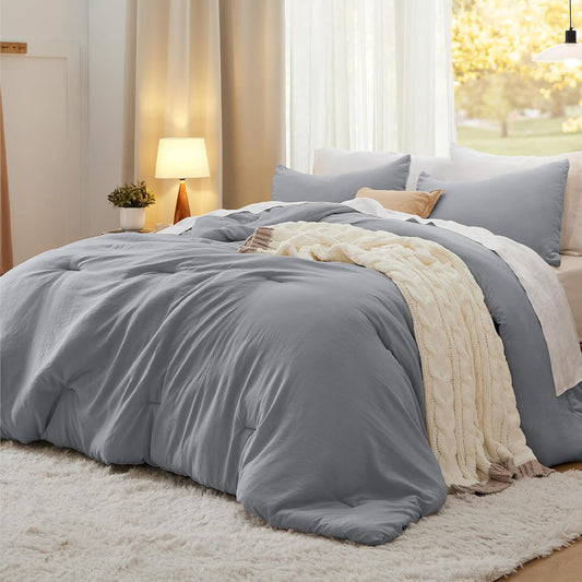 Bedsure Full Size Comforter Set, Grey Soft Prewashed Bedding for All Seasons, 3 Pieces GentleSoft™ Warm Down Alternative Bed Set, 1 Lightweight Comforter (82"x86") and 2 Pillowcases (20"x26")