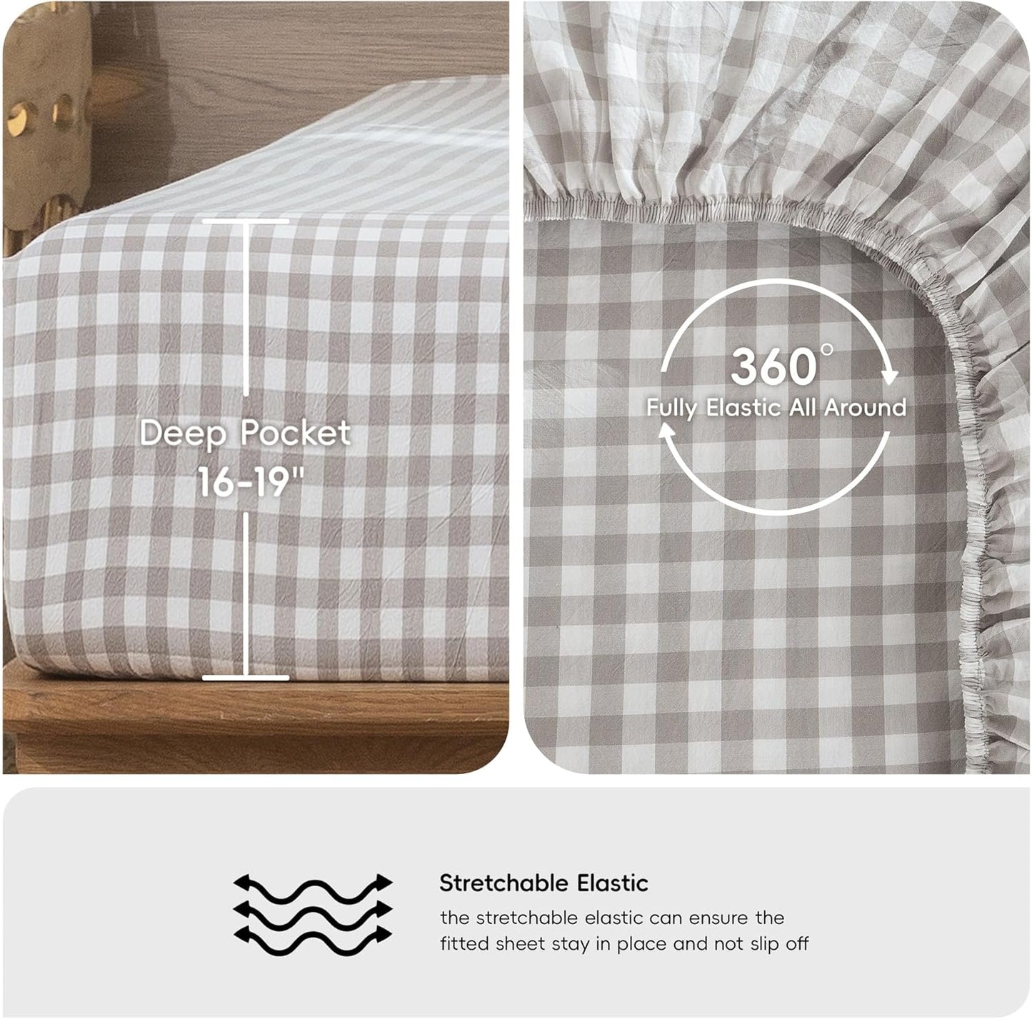 MooMee Gingham Sheet Set 100% Washed Cotton Linen Like Textured Breathable Soft w/Fully Elasticized 16-19" Deep Pocket (Classic Gingham Tannish Linen Grey, Queen)