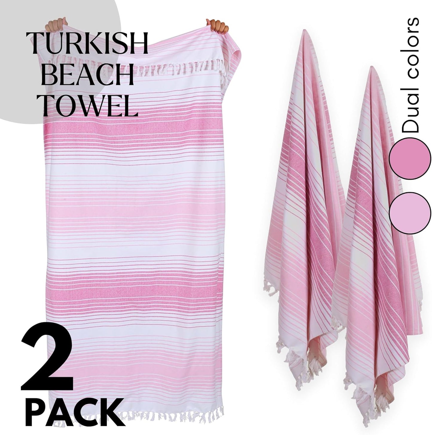 Native Fab 100% Cotton Peshtemal Turkish Bath and Beach Towels Set of 2, Large 40x71 Travel Sarong Gym Pool Spa Towels, Ultra Soft Quick Dry Absorbent Fouta Hammam Peshtemal Towels Pink