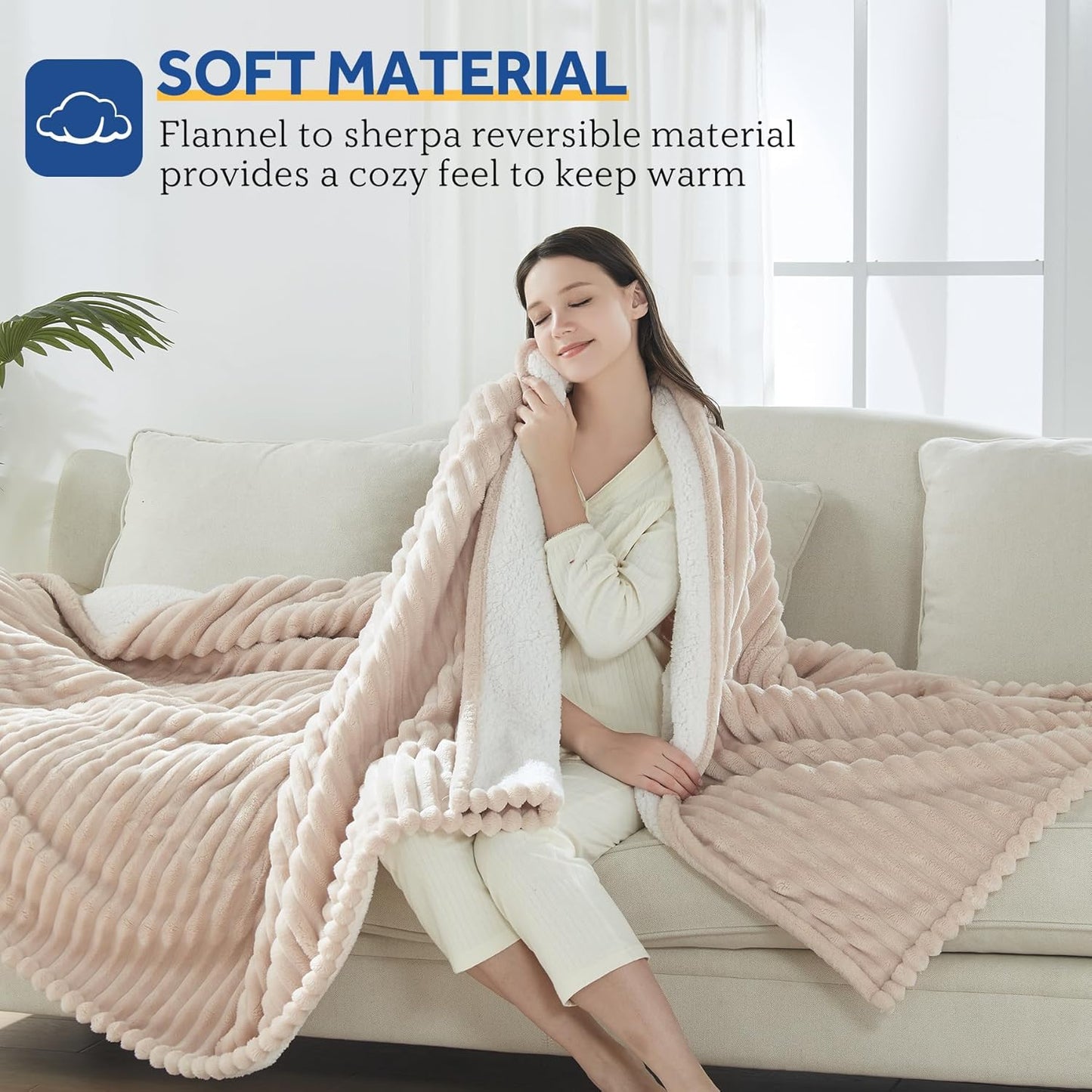 Sealy Electric Blanket Twin Size, Soft Ribbed Flannel to Sherpa Reversible Heated Blanket with 10 Heat Settings & 1 to 12 Hours Auto-Off Overheat Protection Machine Washable, 62"x84" Beige