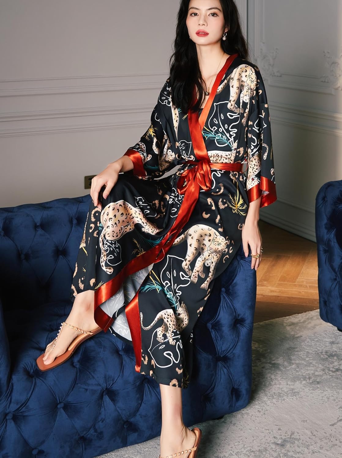 Silk Satin Robe for Women Long Japanese Kimono Robe Lightweight Soft Bathrobe Floral Luxury Dressing Gown