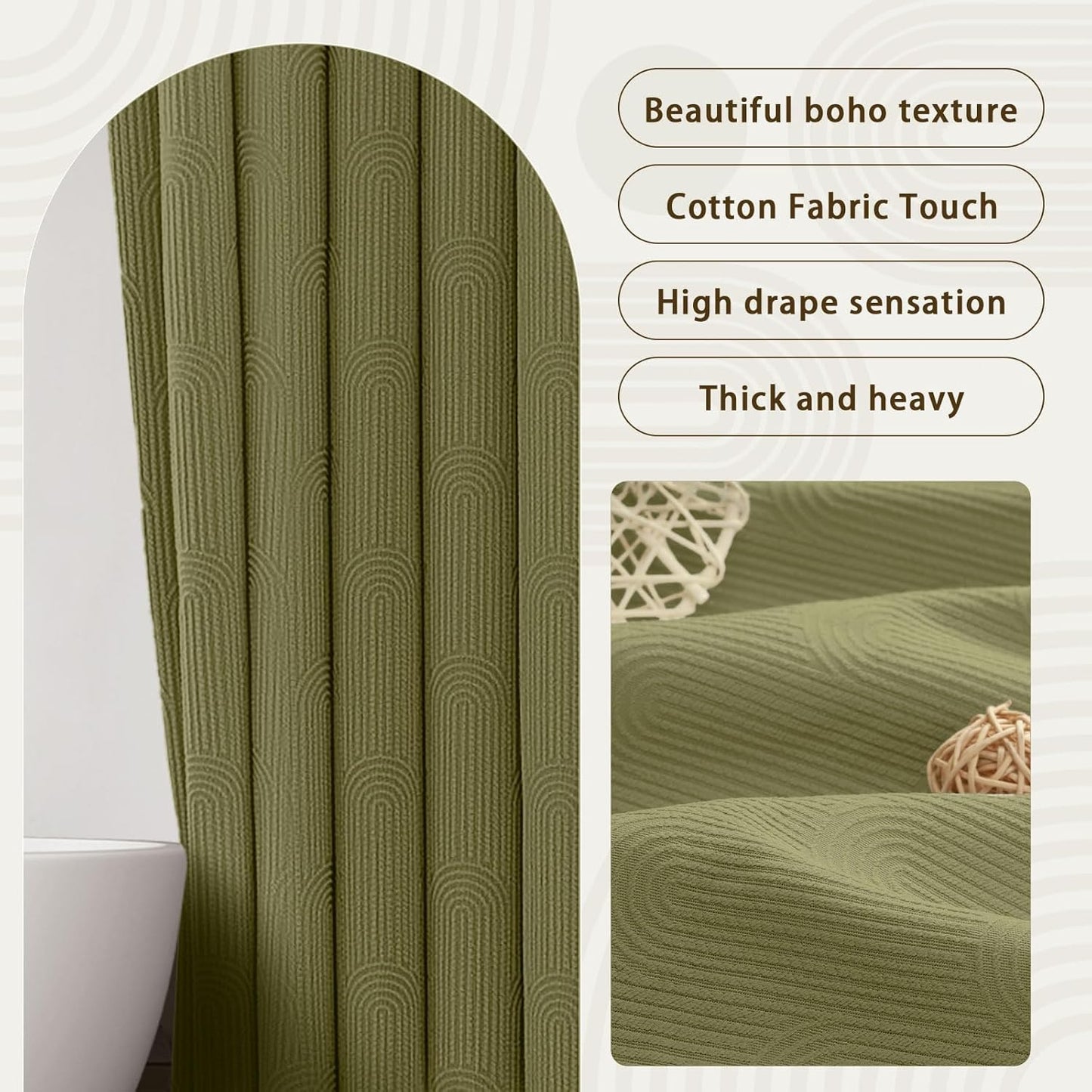 Awellife Boho Shower Curtains for Bathroom Cotton Fabric Touch Matcha Green Bohemian Mid Century Minimalist Arch 72" L X 72" W