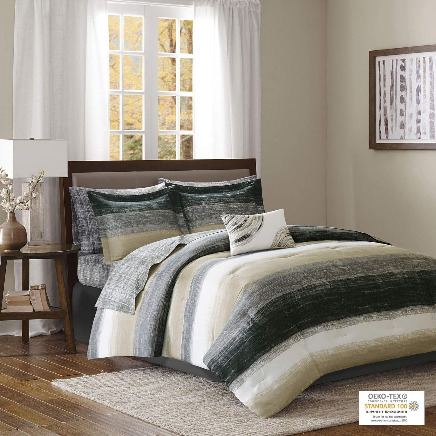 Madison Park Essentials Full Comforter Set, Bed in a Bag Full, Watercolor Print Coastal Comforter & Chambray Cotton Sheet Set, All Season Bedding Set, Saben, Taupe Full (78 in x 86 in) 9 Piece
