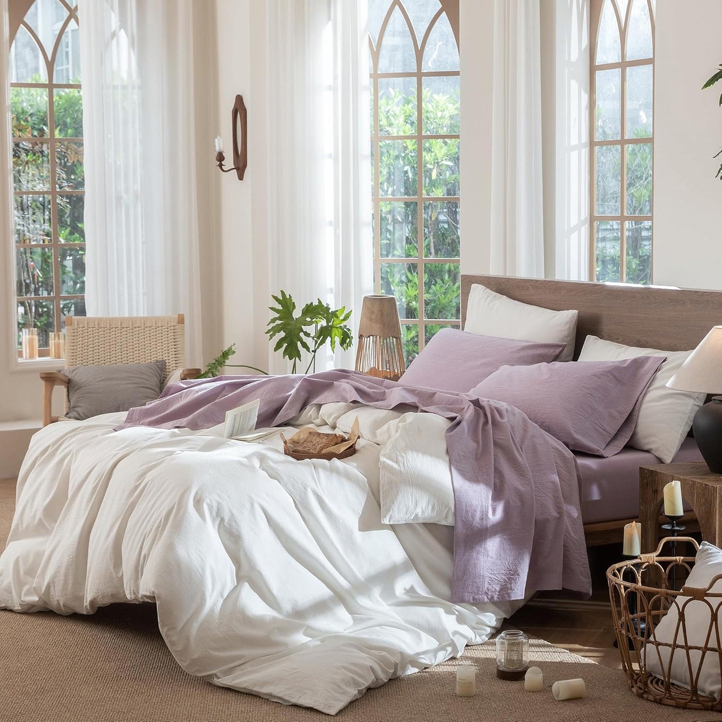 MooMee Bedding Sheet Set 100% Washed Cotton Linen Like Textured Breathable Durable Soft Comfy (Heathered Light Purple, Full)