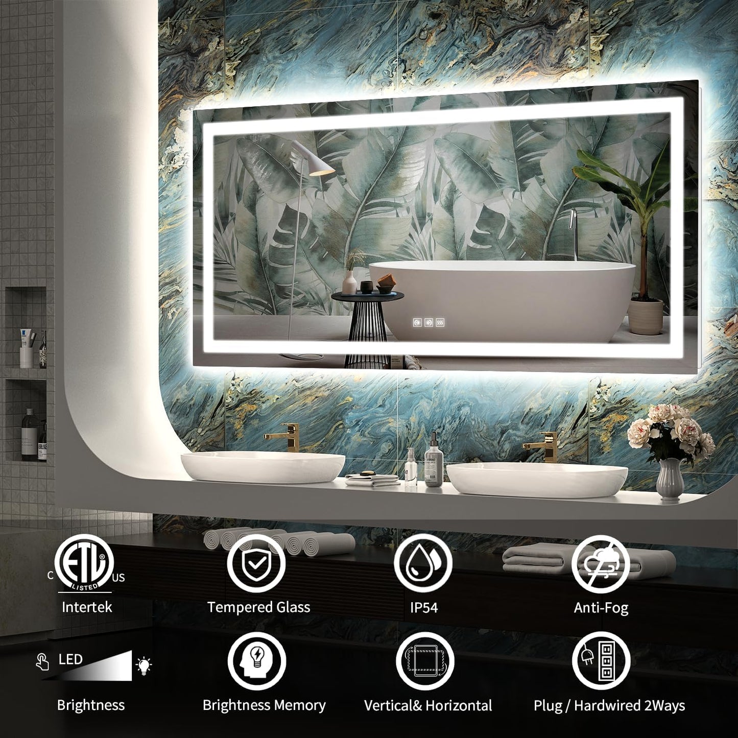 LED Mirror for Bathroom, 72x32 Inch Backlit + Front Lighted Bathroom Vanity Mirror with Lights, Double Light Strips, 3 Colors, Shatter-Proof, Anti-Fog and Brightness Memory