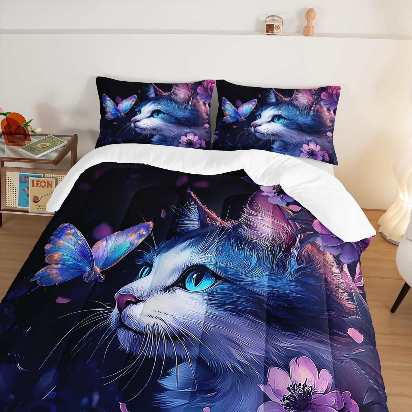 Kids Cat Comforter Set Twin Size,Fantasy Cats Butterfly Flowers Bedding Set for Kids Girls Kawaii Room Decor,Cute Little Animal Themed Toddler Bedding Set with 2 Pillowcases.