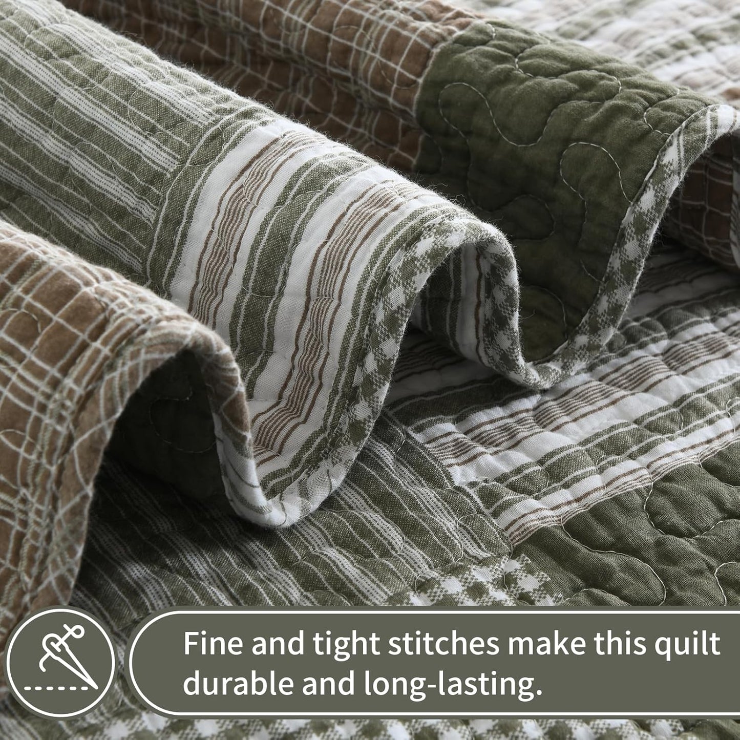 KALOOLA Moonbeam Green Plaid Queen Size Quilt Set - 100% Cotton Lightweight Breathable Quilted Bedspread, All-Season Queen Quilt Bedding Set 3 Pieces, Farmhouse Printed Coverlet for Cozy Comfort