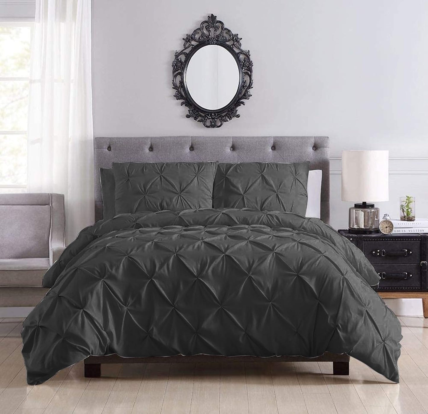Pinch Pleated Duvet Cover Set 100% Cotton 3PC Super King Plus Size 120x120 Duvet Cover Set, Decorative Pinch Design Dark Grey Duvet Cover with Matching Pillow Case