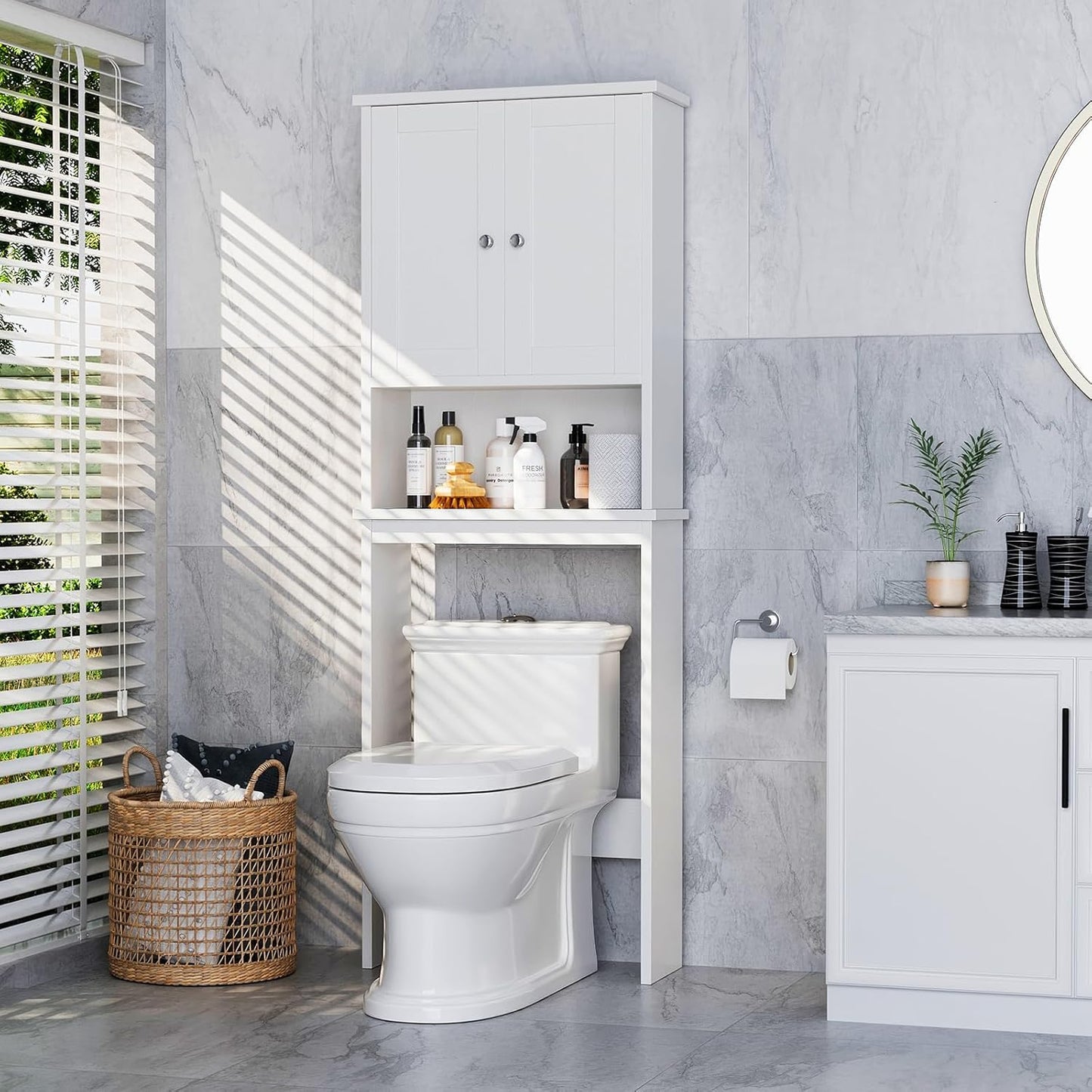 Meilocar Over The Toilet Storage Cabinet, Bathroom Storage Cabinet Over Toilet, Space Saver W/Adjustable Shelf & Open Shelf, White