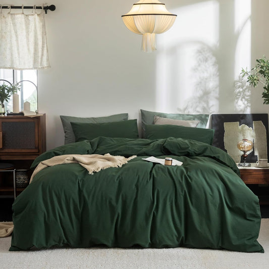 FOSSA Duvet Cover Set 100% Washed Cotton Linen Feel Super Soft Breathable Cozy 3 Pieces Bedding Sets Solid Forest Green Oversized King Plus