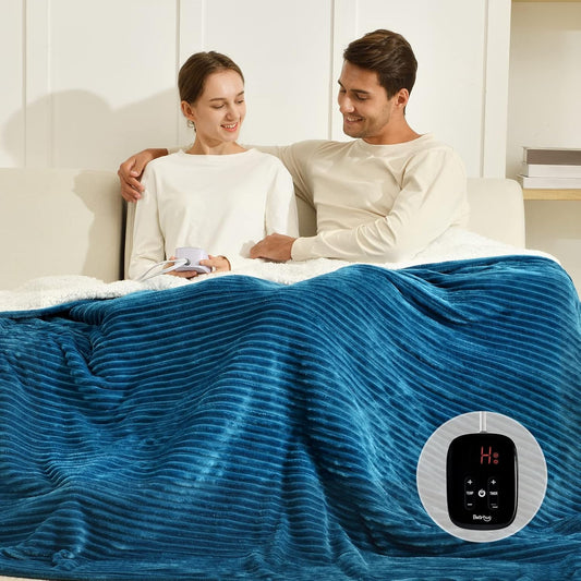 Bearhug Electric Heated Blanket, 62"x84" Ribbed Flannel & Sherpa Fast Heating Blanket, 10 Heating Levels & 1-12H Auto Off, Over-Heat Protect, ETL, Machine Washable