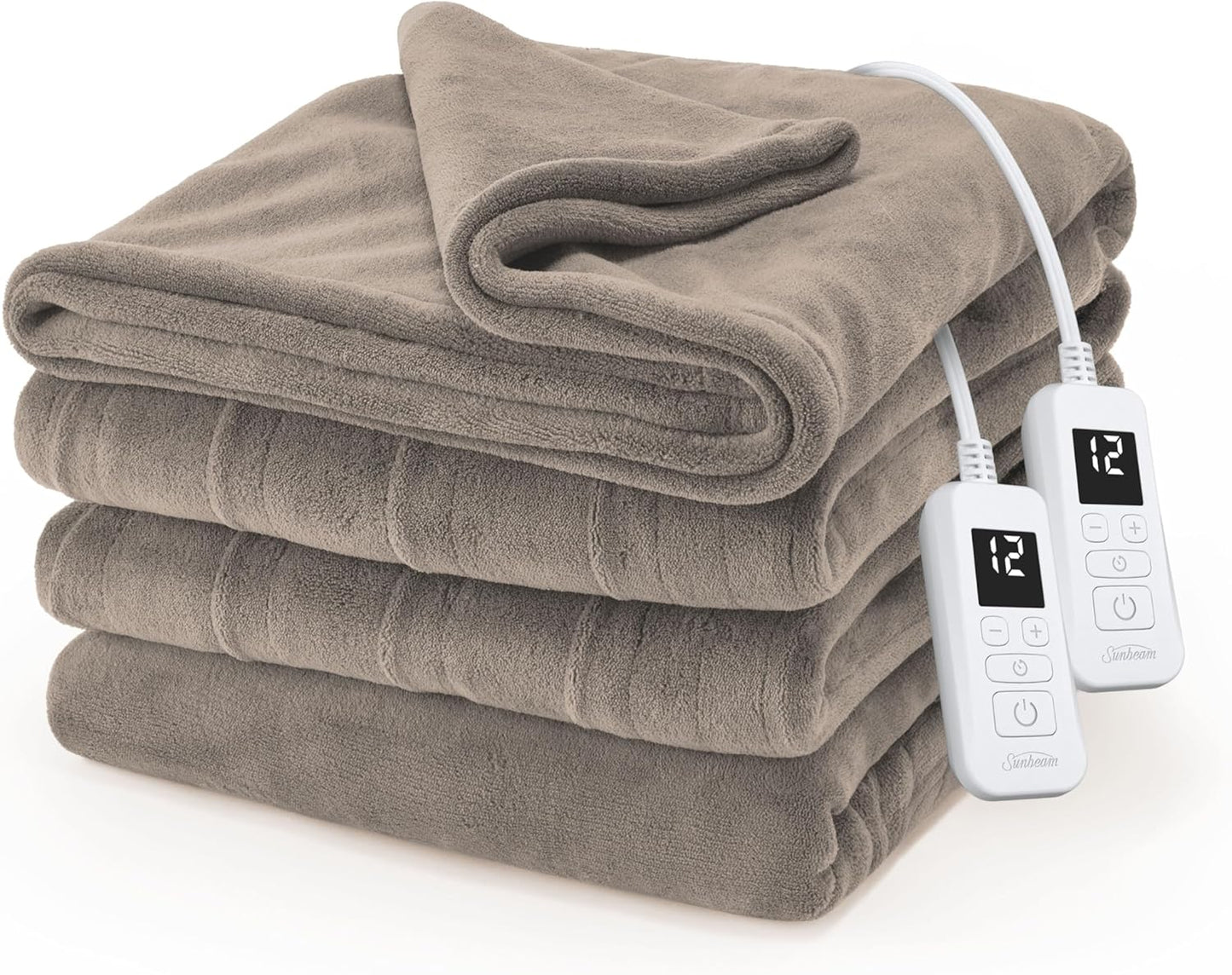 Sunbeam Electric Royal Luxe Microplush Heated Blanket, 12 Heat Settings, 12-Hour Auto Shut-Off, Fast Heating, Warm & Cozy, Machine Washable, Mushroom Color, King (90" x 100")