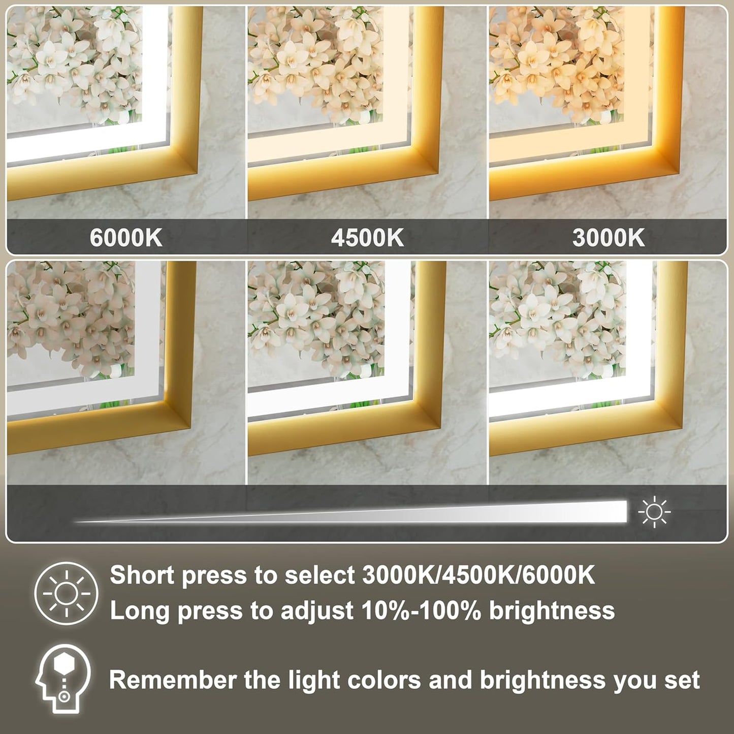 28x36 Inch LED Mirror for Bathroom, Gold Bathroom Mirror with Lights, Dimmable, Anti-Fog, Adjustable 3000K/4500K/6000K