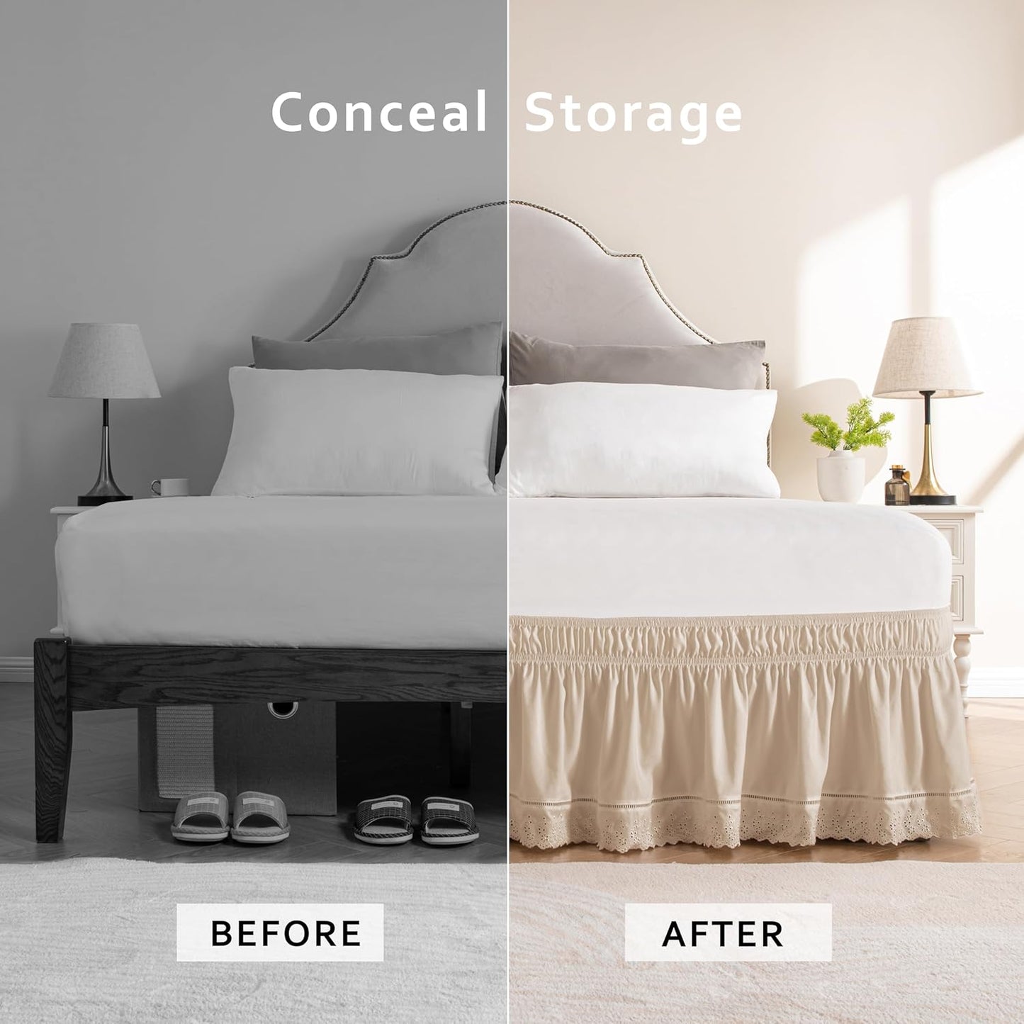 MIYE Wrap Around Ruffled Lace Bed Skirt, Elastic Dust Ruffle with Adjustable Belts, Easy to Put On, Bed Frame Cover, Machine Washable (Embroidered/Beige, Full/Twin-15 Drop)