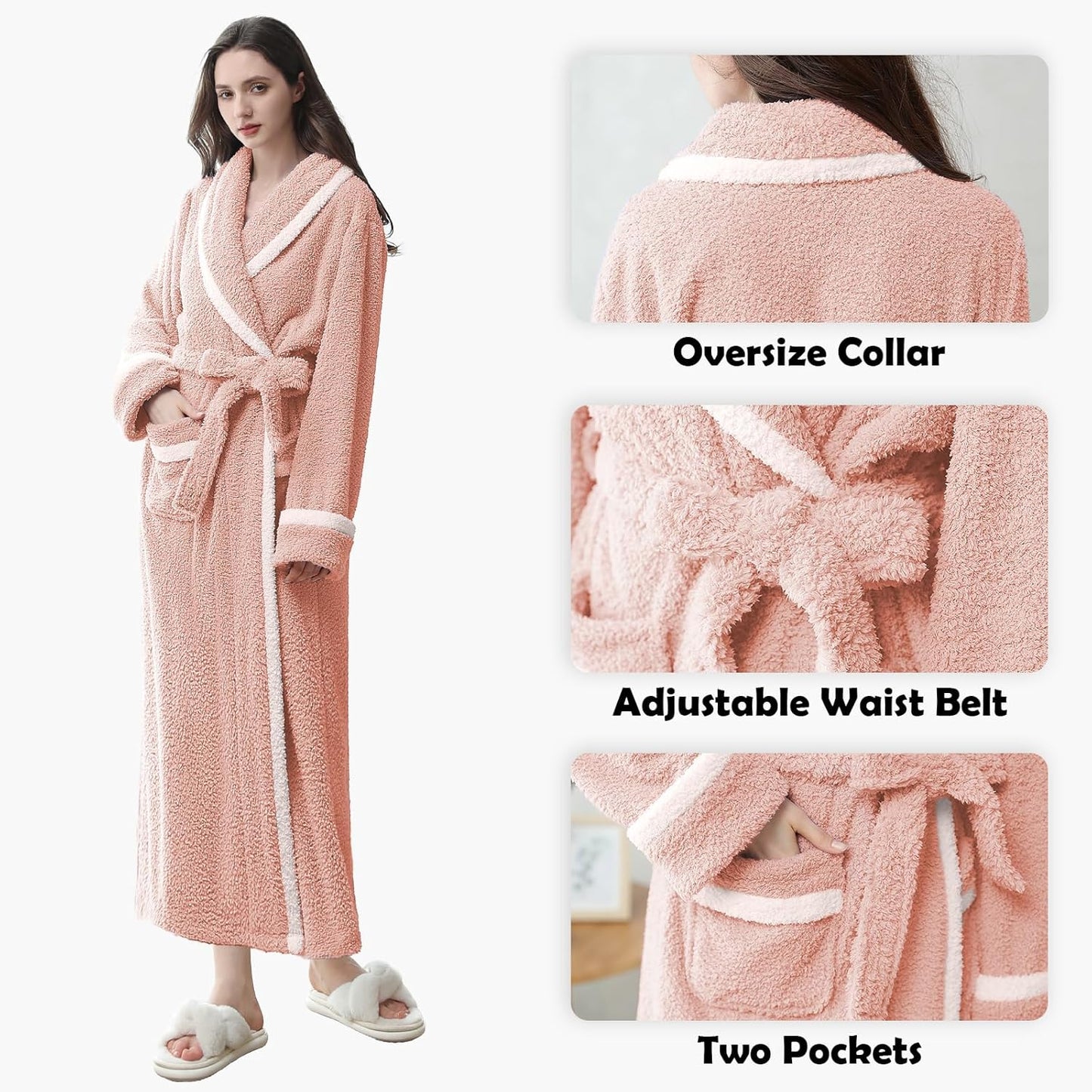 Oksun Womens Long Fleece Robe: Soft Fluffy Warm Bathrobe - Cozy Winter Housecoat Nigthgown with Chic Piping