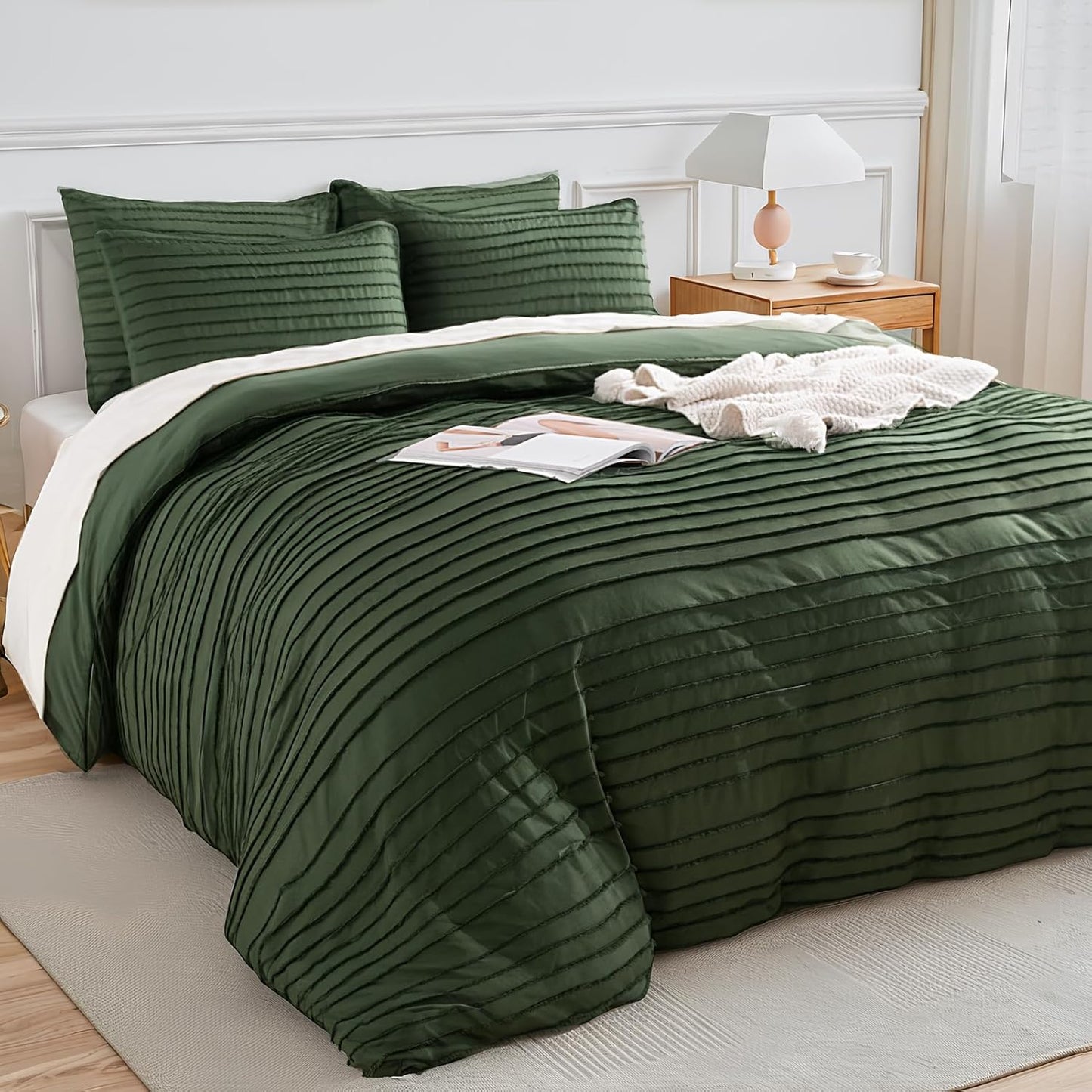 NEXHOME PRO Duvet Cover King Size, Blue 3 Pieces Boho Tufted Duvet Cover Set, Soft and Lightweight Microfiber Comforter Cover Set for All Season (Forest Green,104 x 90)-No Comforter