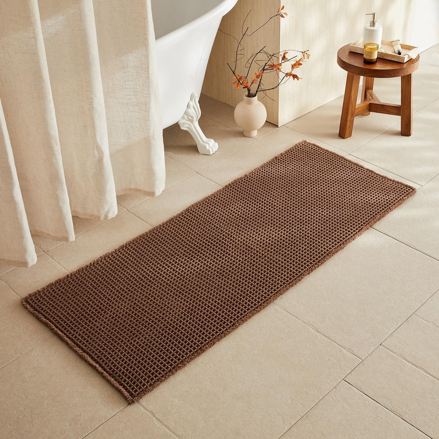 Waffle Runner Rug Bathroom, Long Boho Bathroom Rugs Non Slip Washable Super Absorbent Quick Dry Farmhouse Bath Decor, 60"x24" Mocha