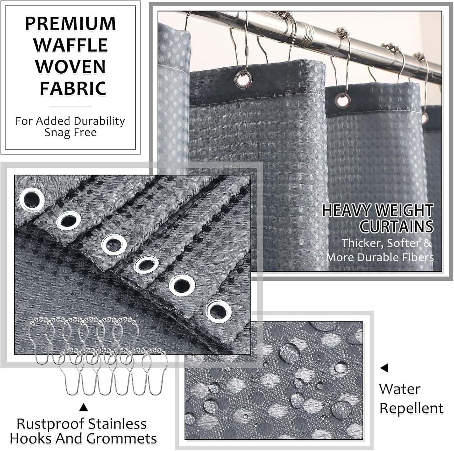 8-Piece Grey Bathroom Set - Resin Bathroom Accessories Sets Complete with Shower Curtain and Rugs, Soap Dispenser, Toothbrush Holder, Tumbler & Apothecary Jars