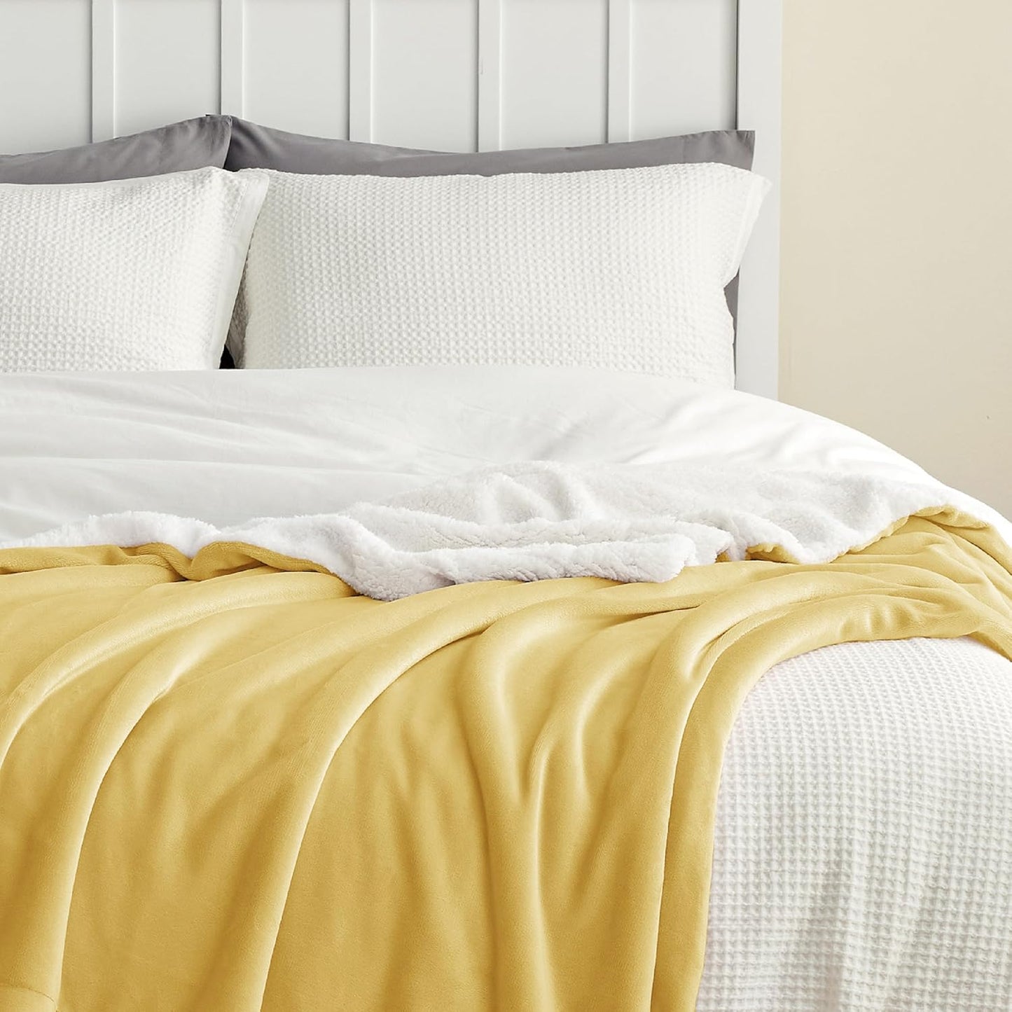 Bedsure GentleSoft Sherpa Fleece Blankets King Size for Bed - Thick and Warm Throw for Women and Men, Soft Fuzzy Plush King Blanket for Winter, Yellow, 108x90 Inches