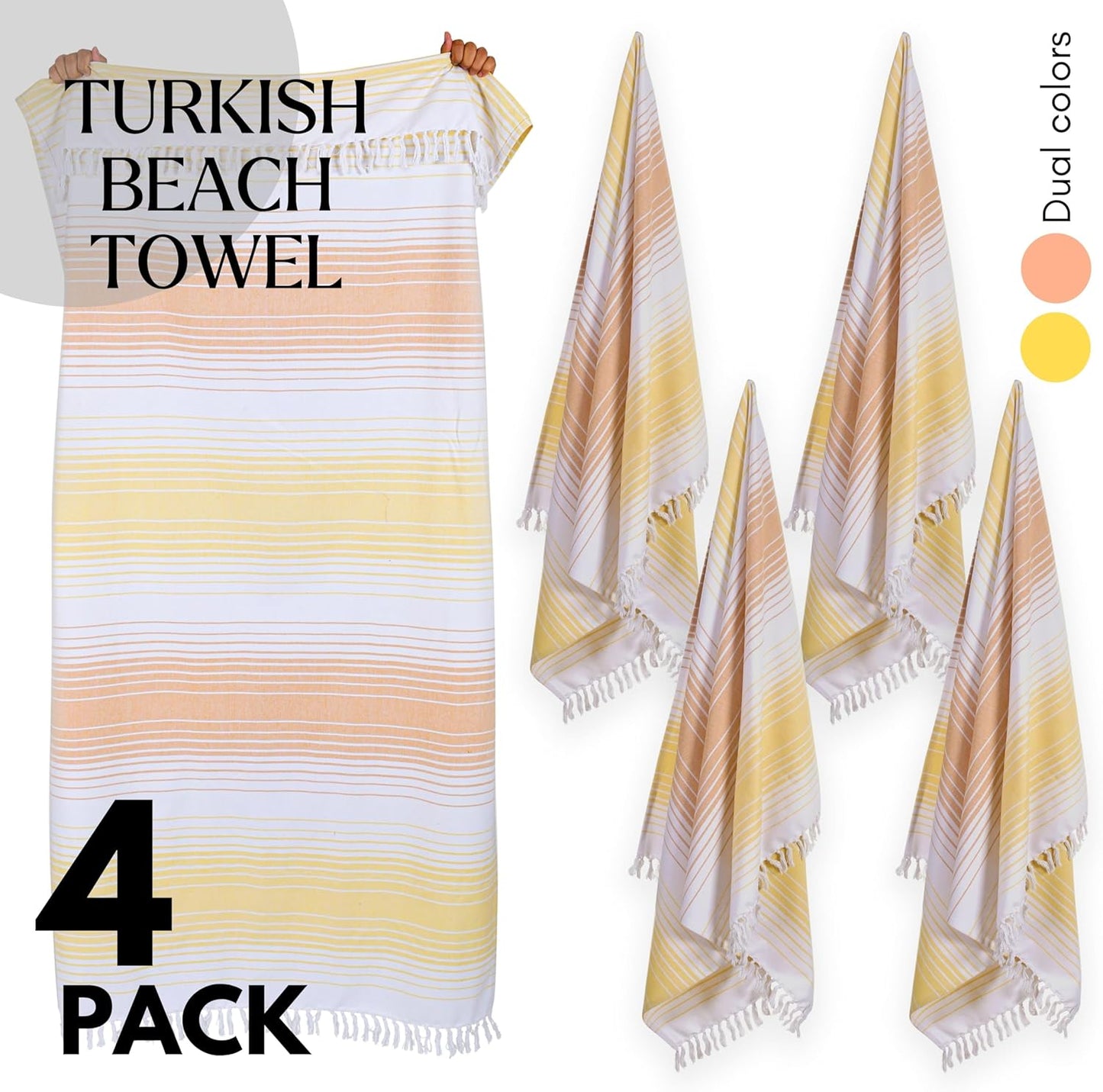 Native Fab Turkish Stripe Beach Towels 4 Pack - 40x71 Inch 100% Cotton Quick Dry Lightweight Thin Sand Free - Extra Large Peshtemal Towel for Adults Travel Bath Spa Pool Gym Camp, Yellow