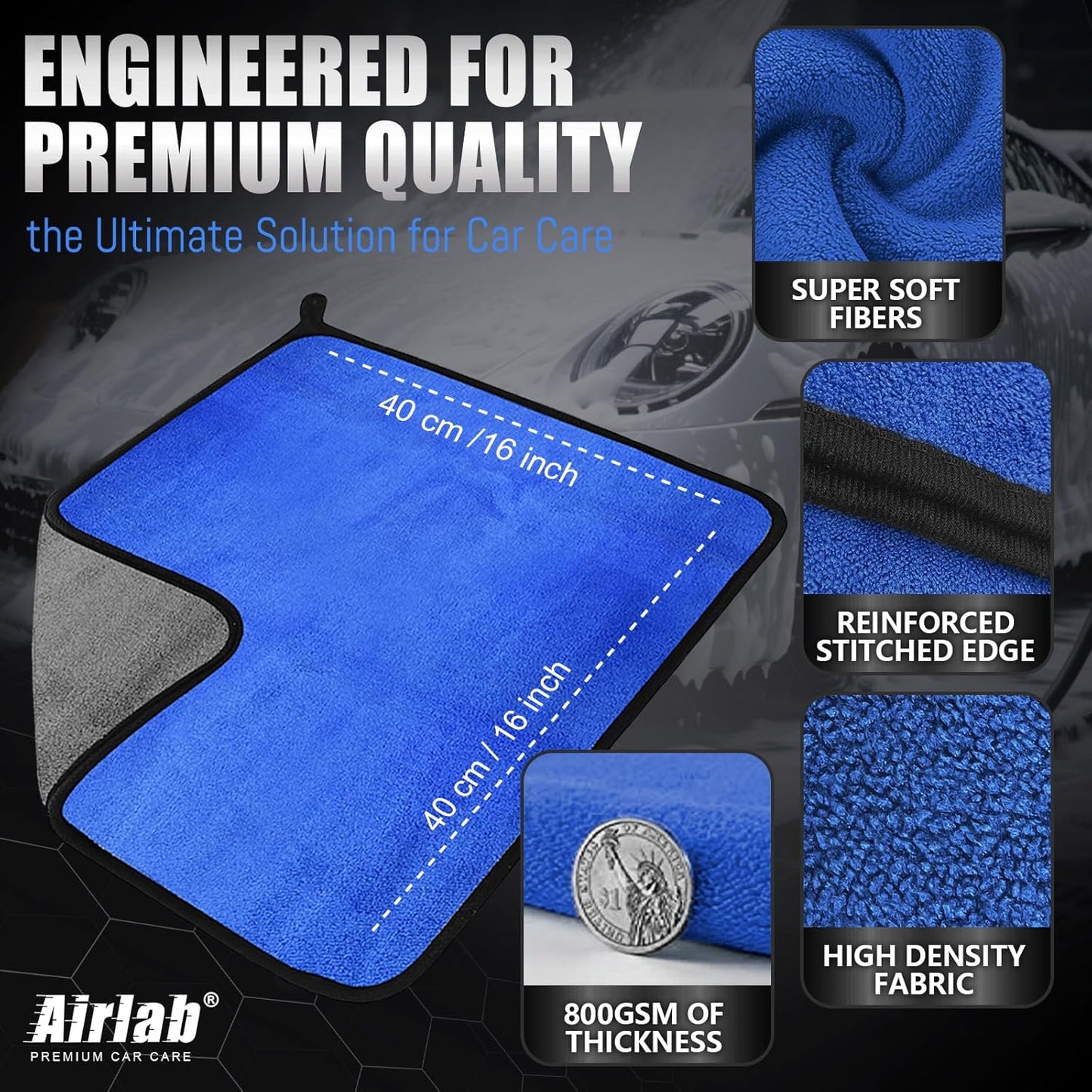 Airlab Microfiber Towels for Cars Wash Drying Thick Plush Cleaning Cloth Auto Detailing Super Absorbent for Interior & Exterior Lint Free, Streak Free, 16" X 16", 800 GSM, Pack of 4