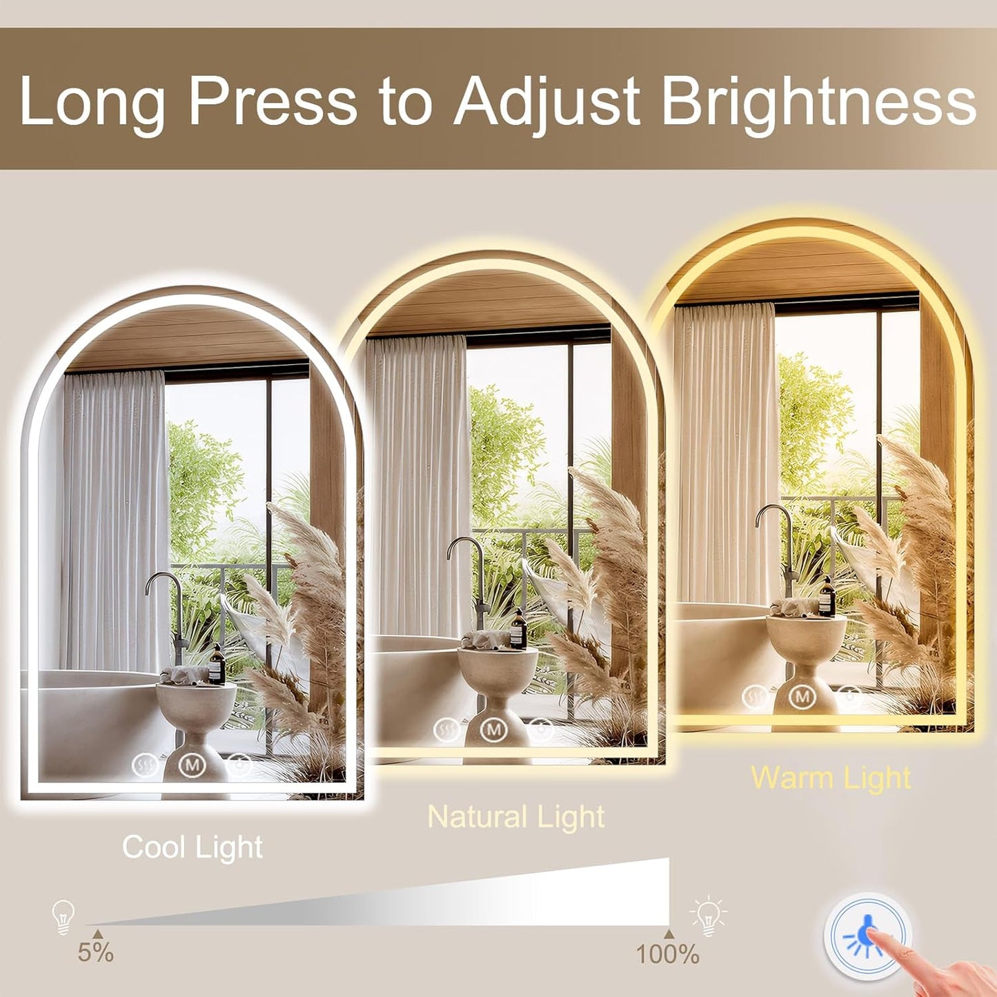 LED Bathroom Mirrors with Lights 30"x34" Arched Mirror for Wall,Led Vanity Mirror, Anti-Fog,LED Mirrors with Front Light and Backlit, Anti-Fog, Dimmable, 3 Color, Shatterproof, Touch Sensor