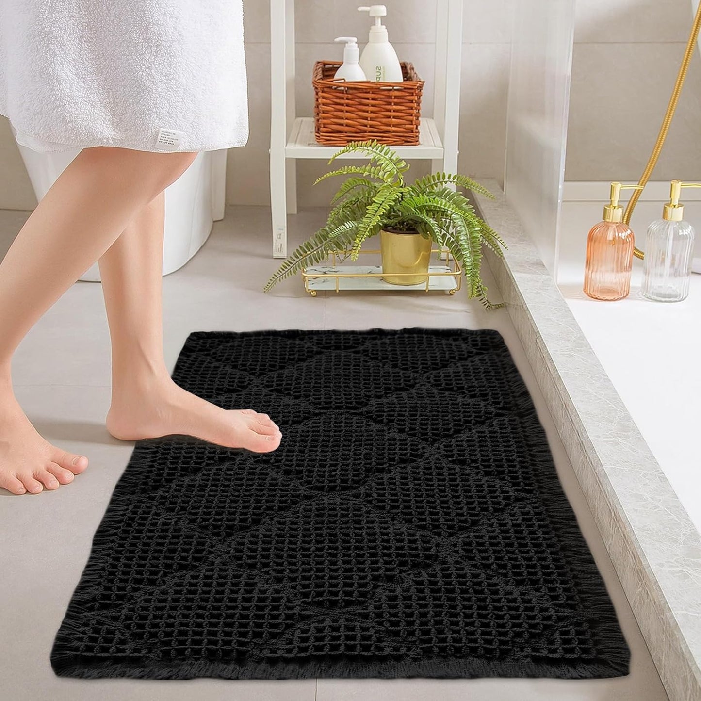 ZALL Black Waffle Bath Mat,Super Absorbent Non Slip Bathroom Rug,Brown 24x36inch, Geometric Diamond Machine Washable Ultra Soft Floor Mats