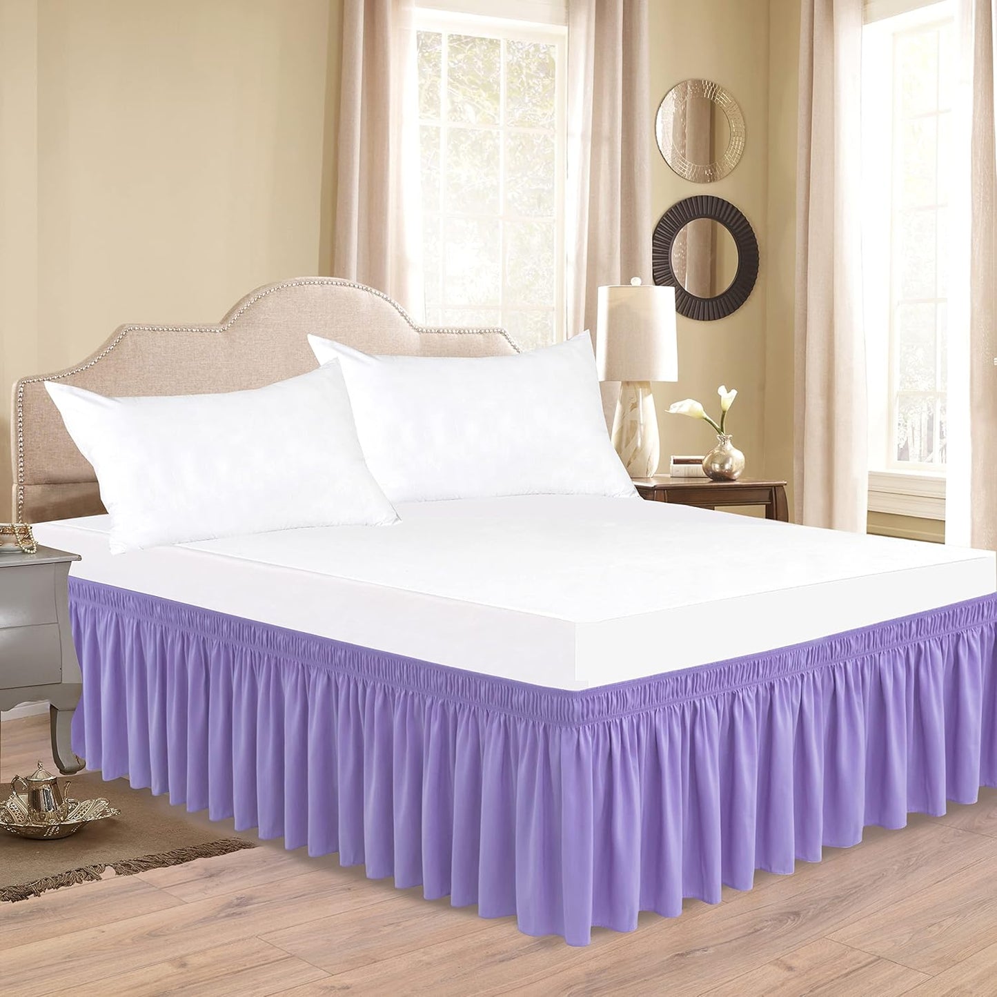 Biscaynebay Wrap Around Bed Skirts for King & Cal King Beds Short Drop of 12", Lavender Adjustable Elastic Dust Ruffles Easy Fit Wrinkle Resistant Silky Luxurious Fabric Machine Washable