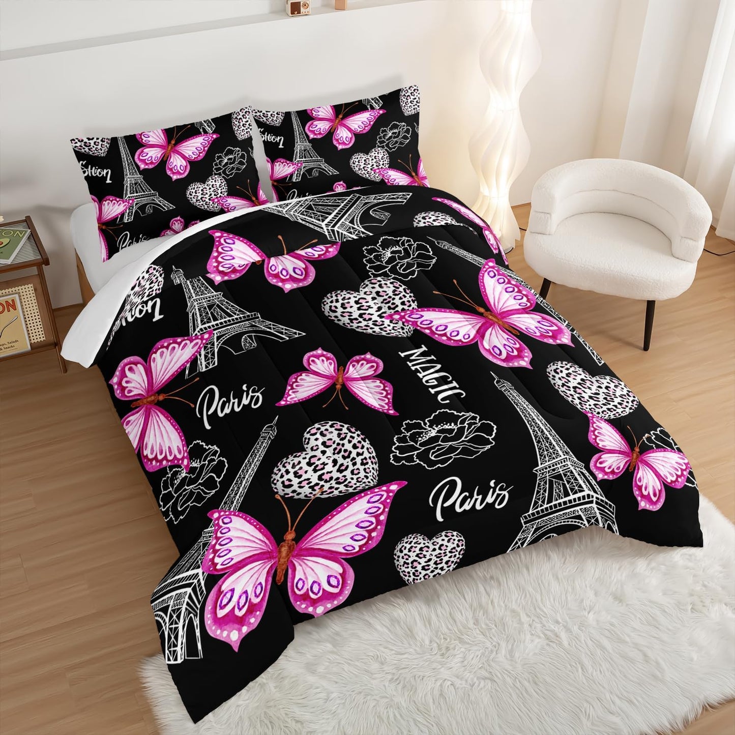 Pink Butterfly Comforter Full Bedding Sets for Girls, Eiffel Tower Leopard Heart Pattern Bedding Sets with 2 Pillowcases,Aesthetic Bedding for Women Girls Bedroom Paris Decor.