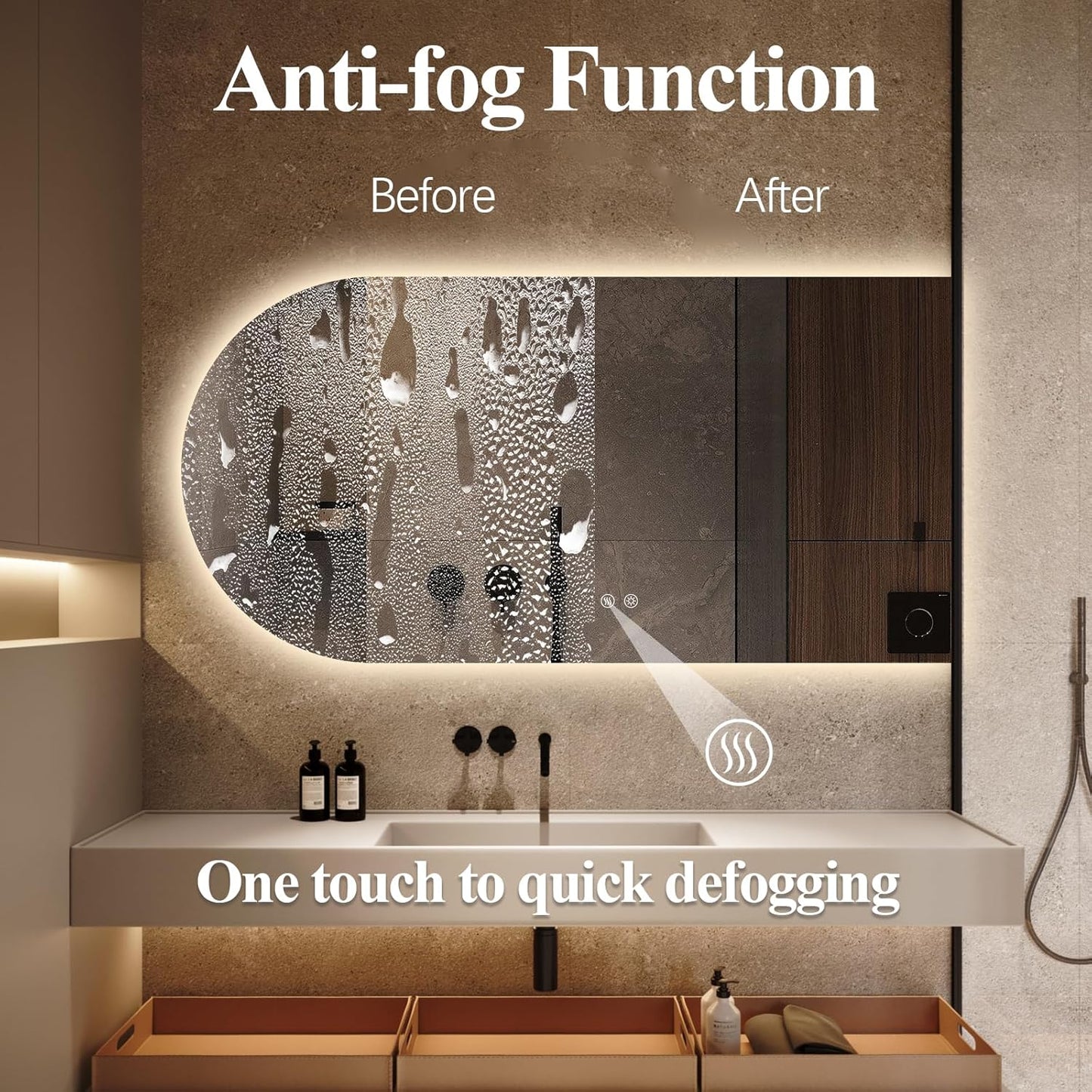 Arched LED Bathroom Mirror, 48"x24" Arch Framless Backlit Mirror with Lights Anti-Fog Dimmable Smart Frameless 3-Color Lighted Vanity Mirror Memory Waterproof, UL Listed, Horizontal-Right