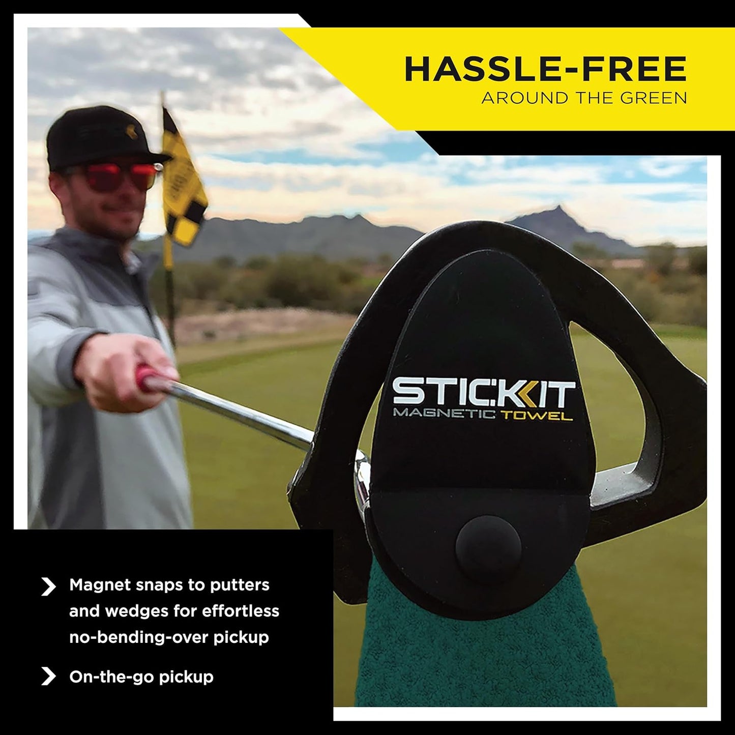 STICKIT Magnetic Golf Towel, Green, Premium 29" Microfiber with Deep Waffle Pockets, Industrial Strength Magnet for Secure Hold to Golf Carts & Clubs, Ultra-Absorbent, Fast-Drying, Easy-Clean Design