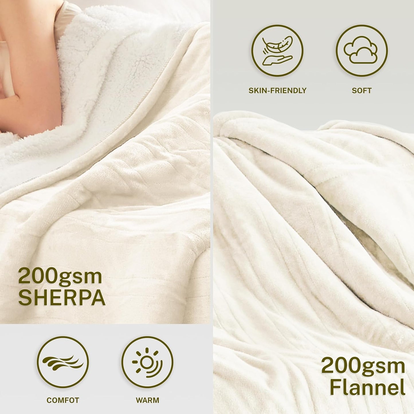 Heat Blanket 50”x60” Throw,Soft Flannel & Sherpa Reversible Electric Blanket with 10 Heat Settings,12 Timer Setting and 3 Hours Auto-Shut Off,ETL Certified Machine Washable,Ivory