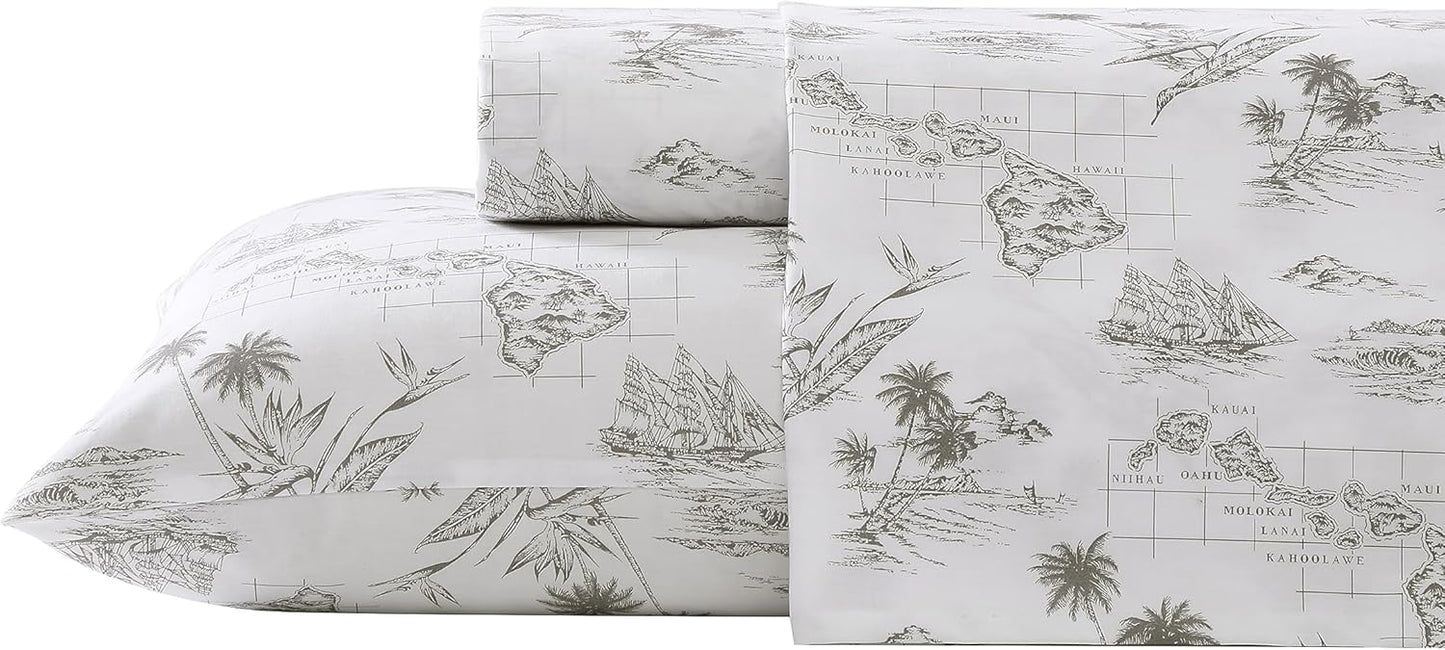 Tommy Bahama - King Sheets, Cotton Percale Bedding Set, Crisp & Cool, Stylish Bedding Set (Vintage Map Brown, King)