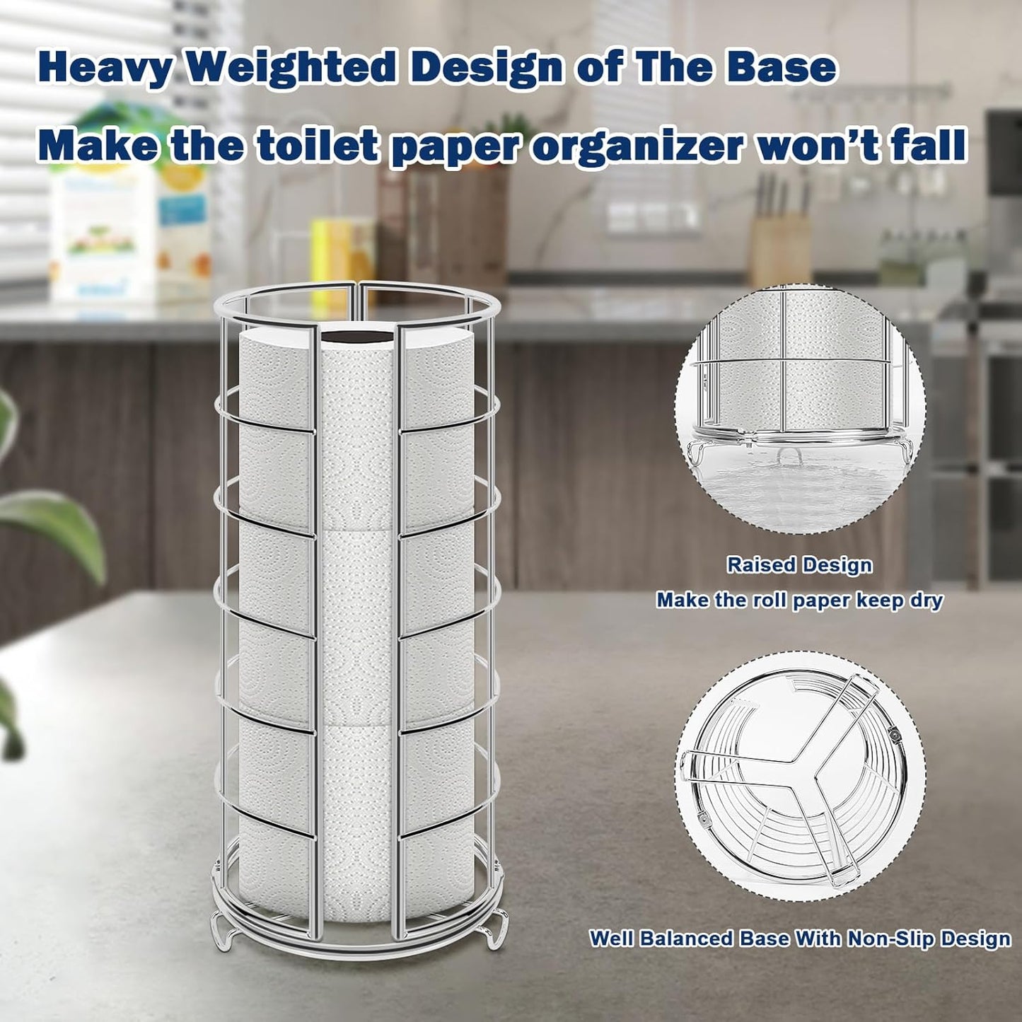 NearMoon Toilet Paper Organizer Stand, Free Standing 3 Rolls Tissue Storage, Metal Bathroom Accessory, Rustproof Toilet Roll Holder for Kitchen Countertop Inside Cabinet Shelf(Metal Base, Chrome)