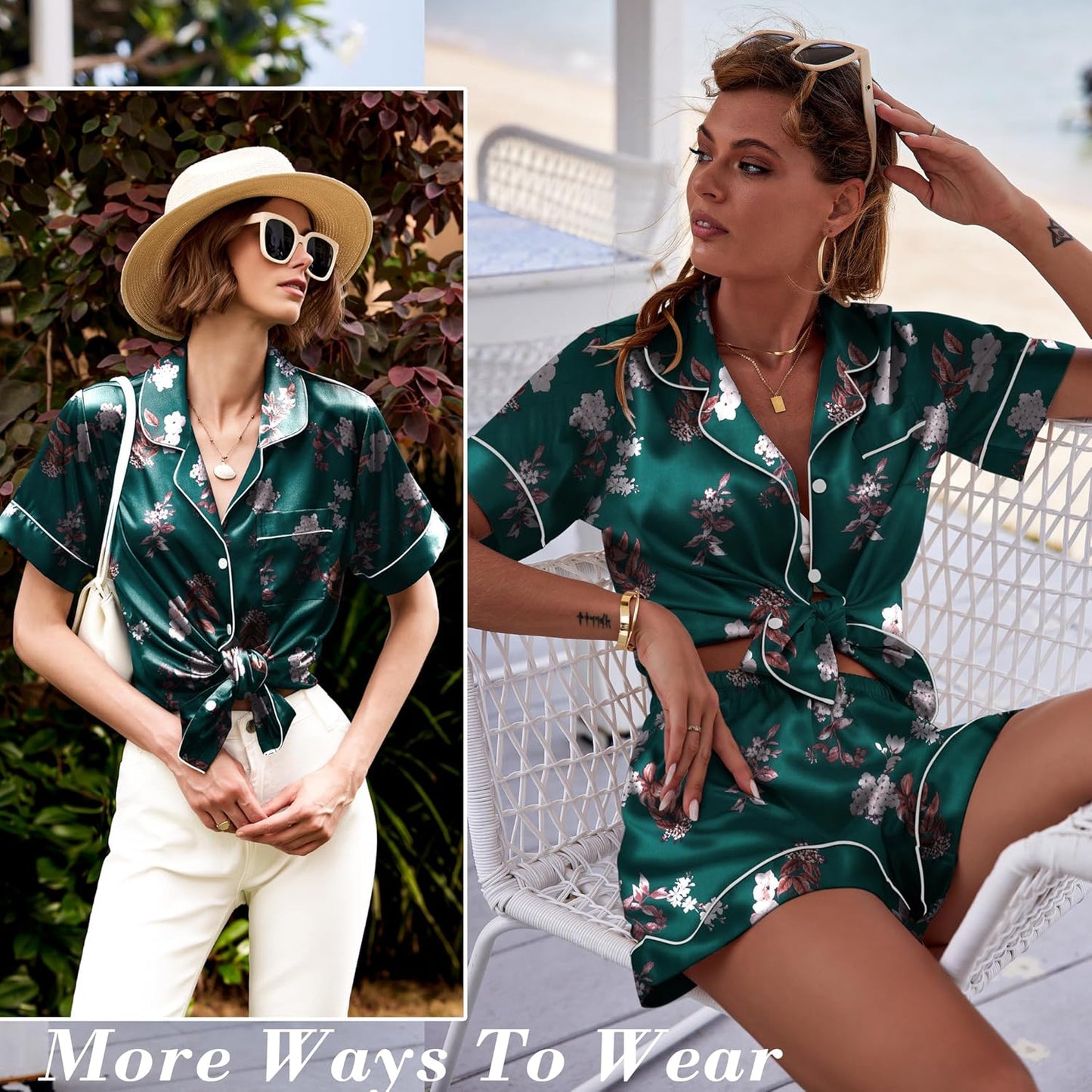 Ekouaer Pajamas for Women Set Silk Satin Pjs Shorts Sleepwear 2 Piece Loungewear S-XXL