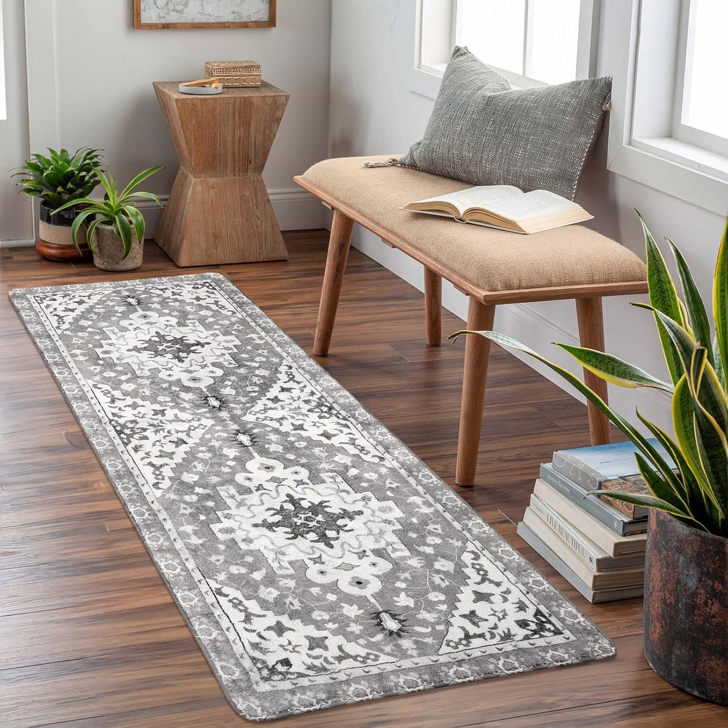 Uphome Boho Vintage Bathroom Runner Rug Gray Non-Slip Soft Bedroom Rug Machine Washable Oriental Hallway Rug Traditional Tribal Floral Floor Mats for Kitchen Kids Room Entryway, 24x59 inch