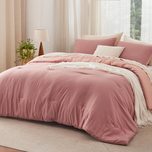Bedsure King Size Comforter Set, Reversible Pink Clay Soft Prewashed Bedding for All Seasons, 3 Pieces Warm Down Alternative Bed Set, 1 Lightweight Comforter (104"x90") and 2 Pillowcases (20"x36")