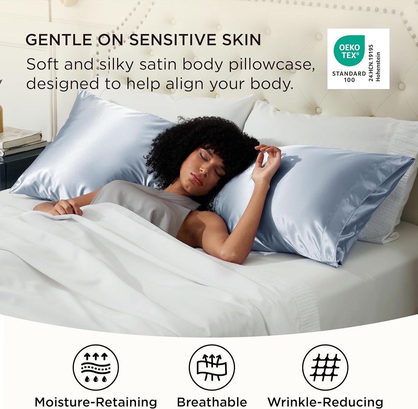 Bedsure Body Pillow Cover 20x54 Inches - Stone Blue Satin Similar to Silk Pillowcase for Hair and Skin, Cooling and Silky Long Body Pillow Pillowcase with Envelope Closure, Gifts for Women Men